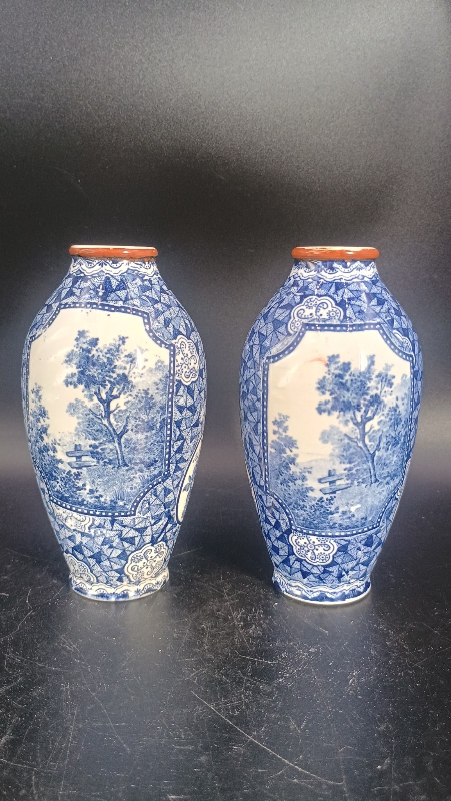 Pair of Franz Anton Mehlem vases Flemish pattern Royal Bonn Germany high 14cm