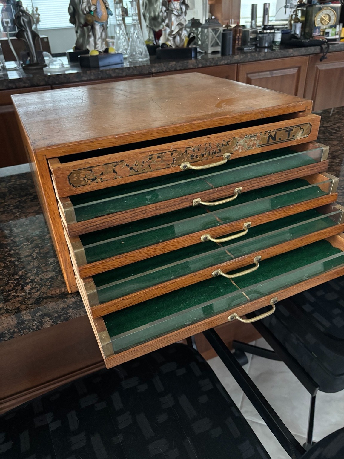 Antique Clark\'s O.N.T. Oak 5 Drawer Spool Thread Cabinet Glass Store Display
