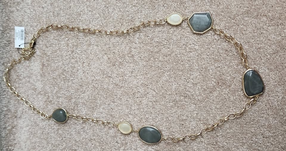 Chico\'s Gold Tone Long Station Necklace Grey Cream Faux Stone Accents - NWT $59
