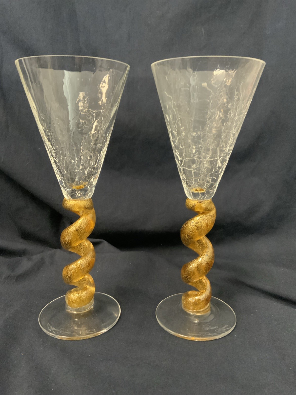 Union Street Glass Gold Spiral Stem Crackled Goblets/Glasses  Lot Of 2   9” Tall