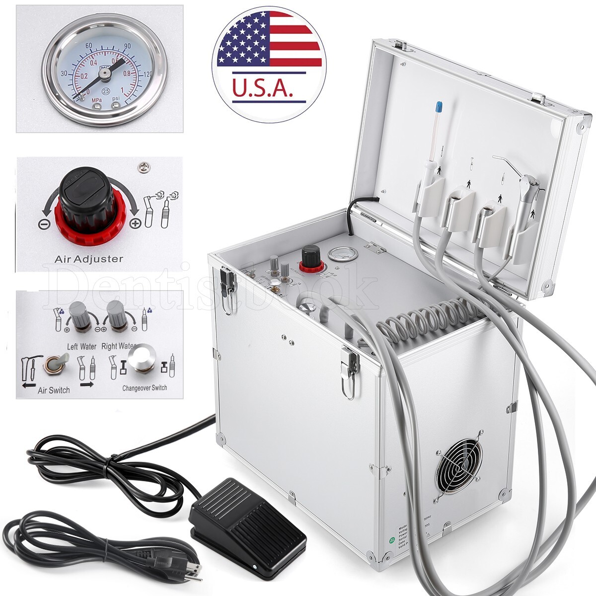 Portable Dental Delivery Unit Mobile Case Air Compressor Syringe Suction 4Holes