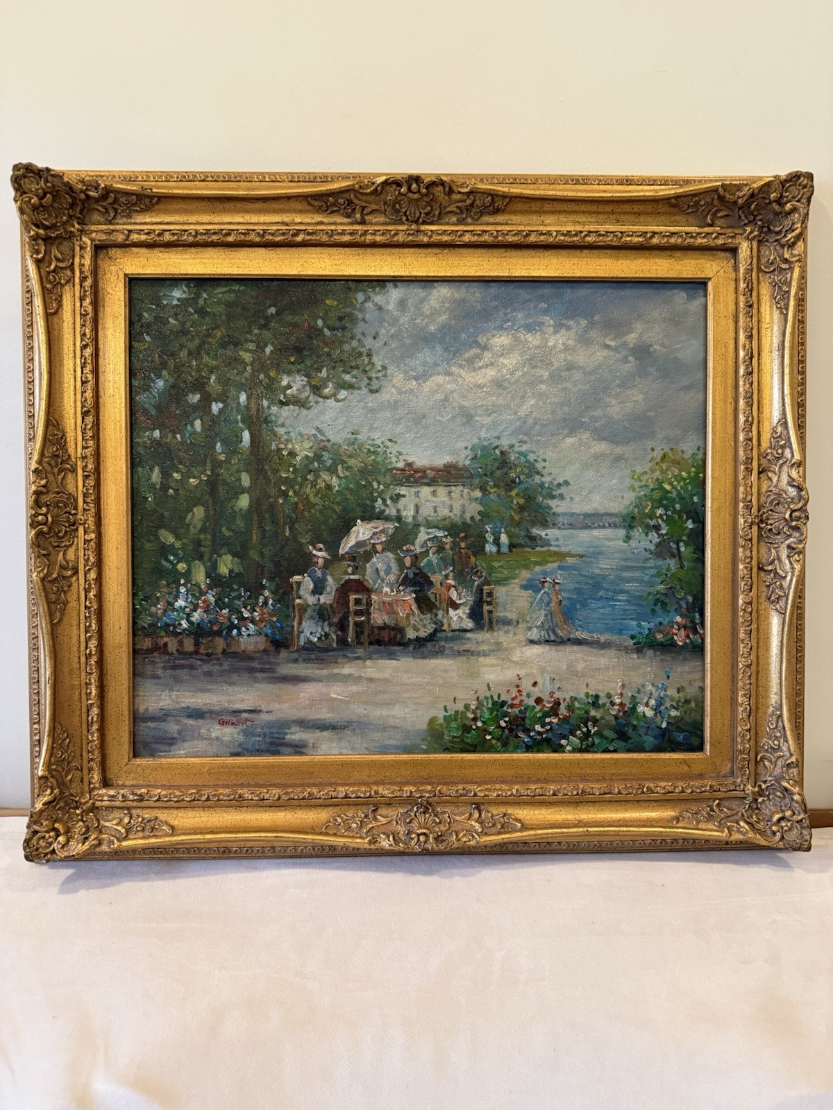 Oil Painting Depicting An Impressionist Lakeside Scene - Signed Gilbert. Framed