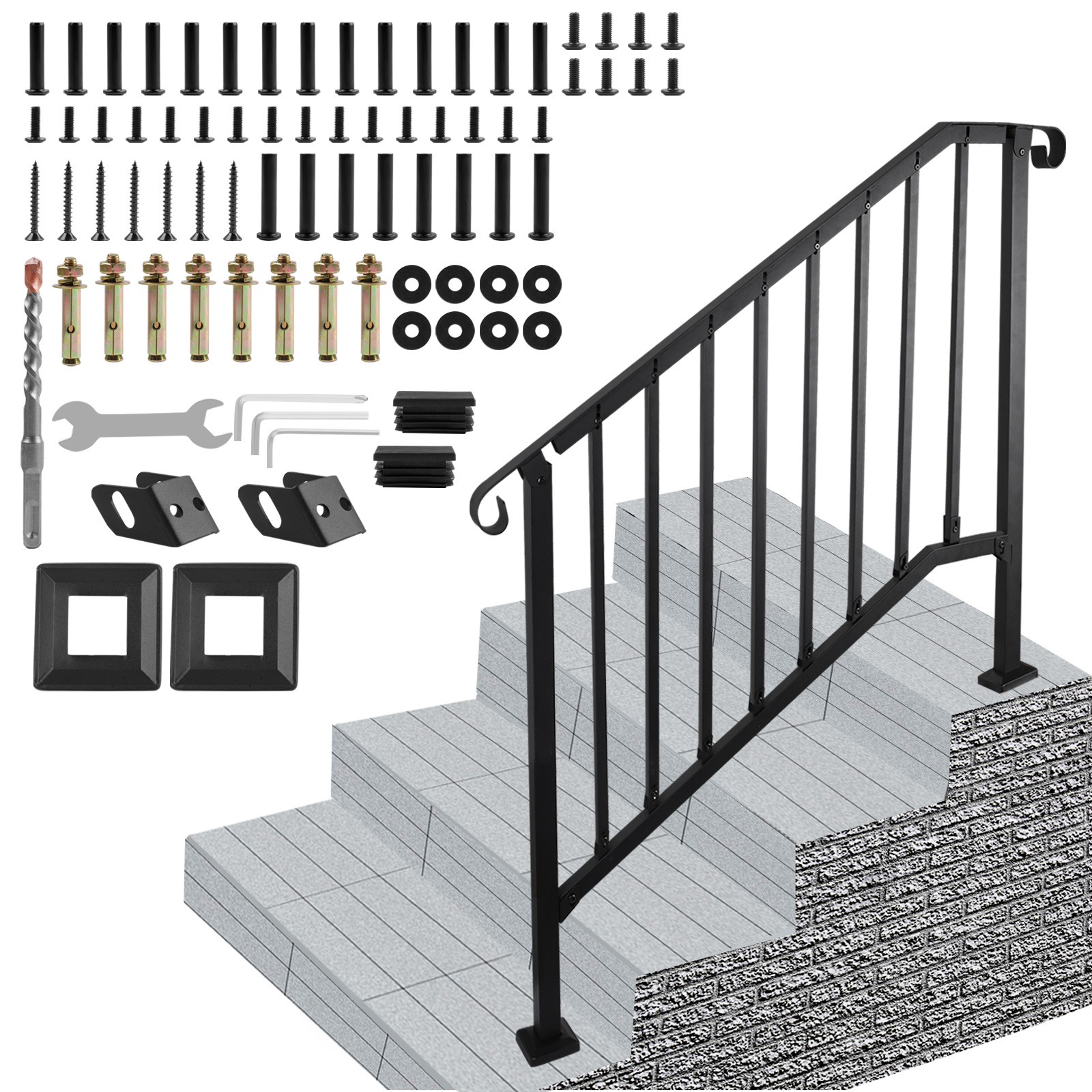 Handrails for Outdoor Steps Matte Black Wrought Iron Stair Railing for 3-4 Step Handrails for Outdoor Steps Matte Black Wrought Iron Stair Railing for 3-4 Step