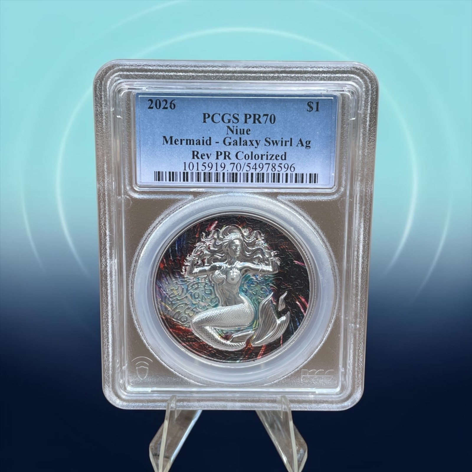 PCGS 2026 Niue Mermaid Galaxy Swirl Ag PR70 1ozSilver RevPR Colorized ULTRA H. R PCGS 2026 Niue Mermaid Galaxy Swirl Ag PR70 1ozSilver RevPR Colorized ULTRA H. R