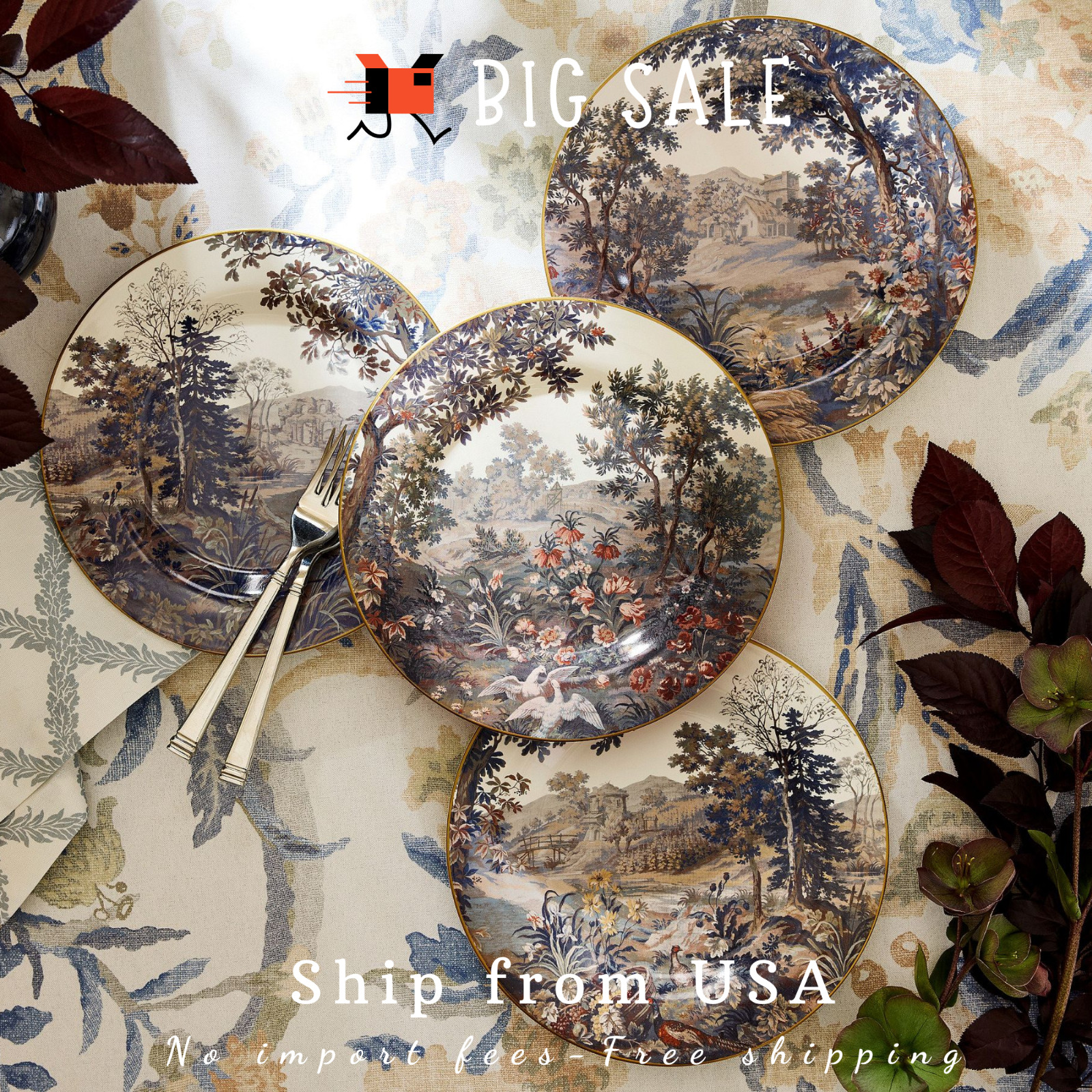 New Pottery Barn Kravet Folly Scenic Stoneware Salad Plates - Mixed Set of 4 New Pottery Barn Kravet Folly Scenic Stoneware Salad Plates - Mixed Set of 4