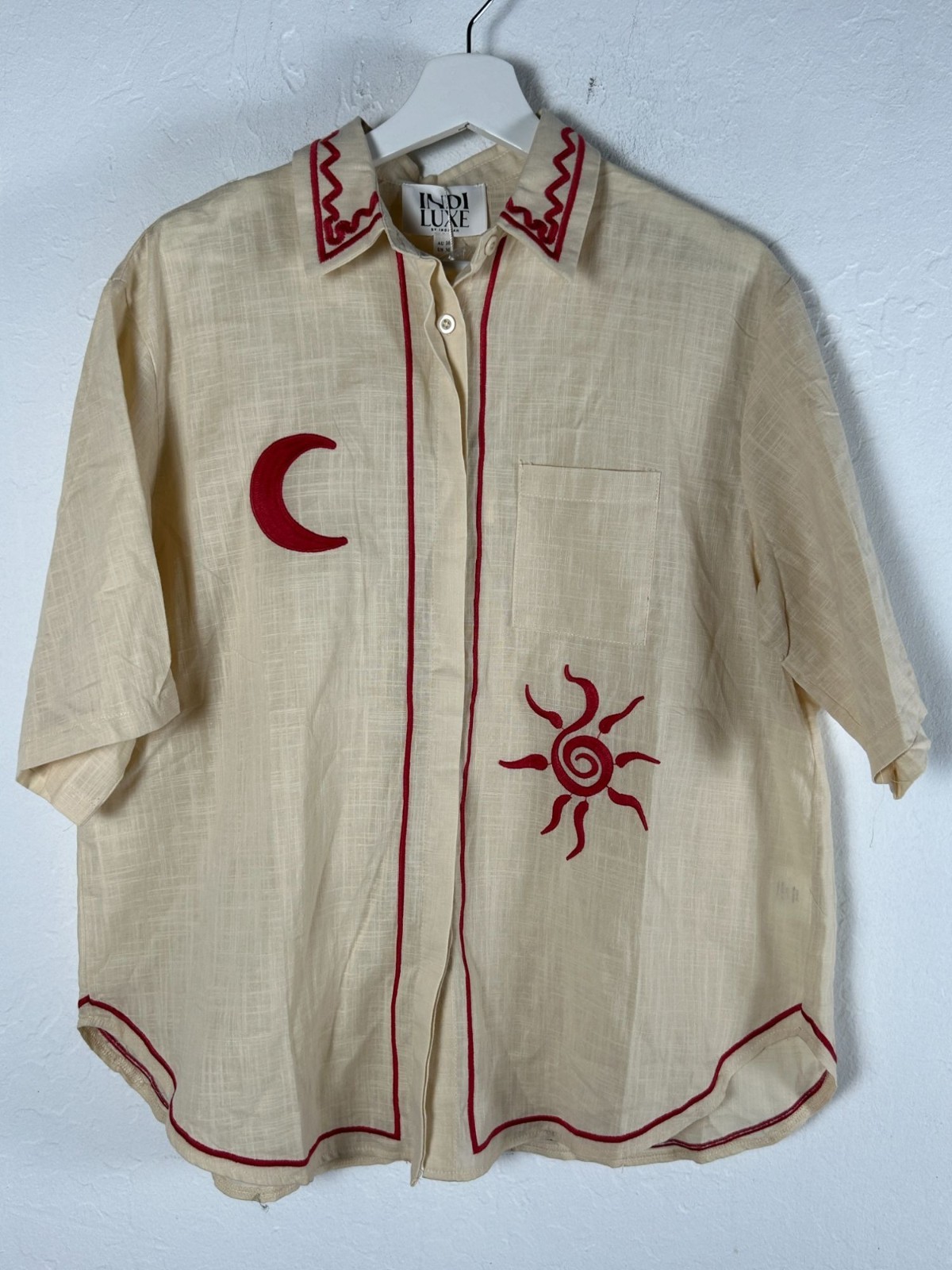 Indi Luxe by  Indikah Womens Beige Moon & Sun Embroidery Shirt Medium New