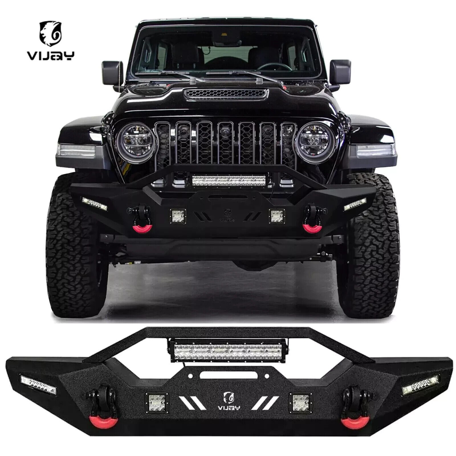 Vijay Front/Rear Bumper For 2018-2025 Jeep Wrangler JL w/LED Lights+Winch Plate