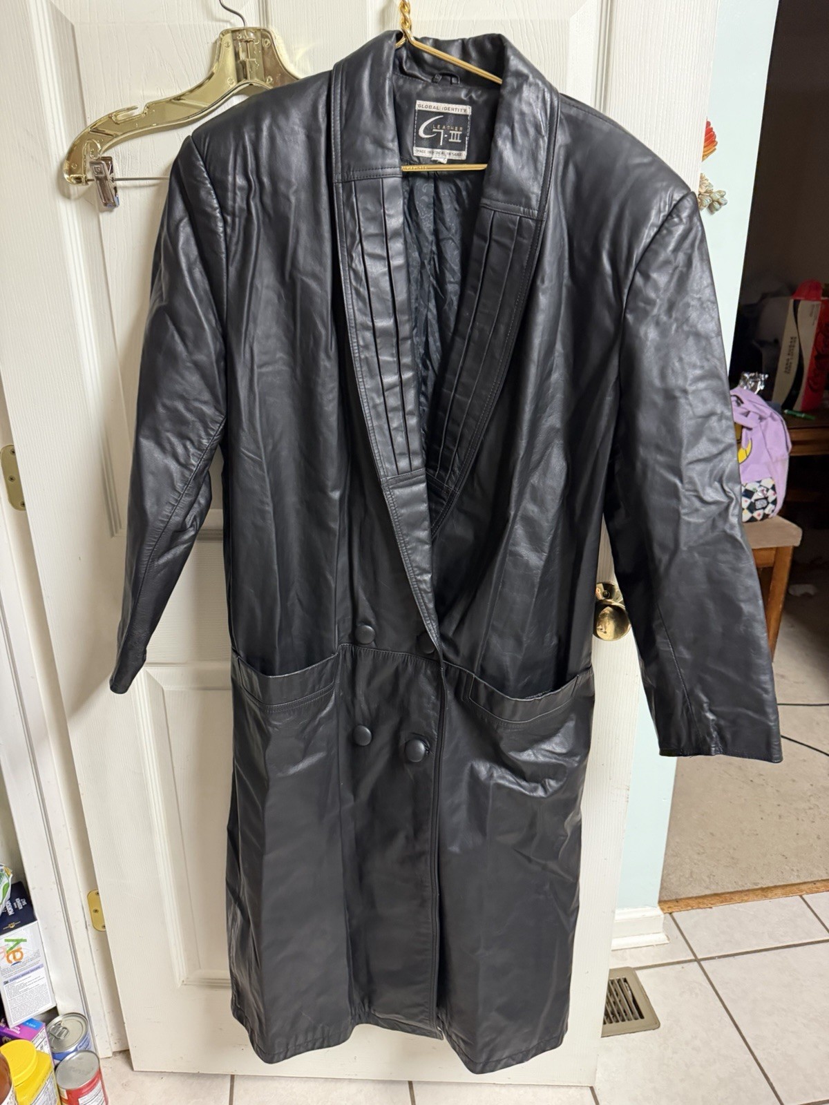 Vnt 90s Global Id G-III Black Leather Trench Coat Matrix 2xL 3xl Double Breasted