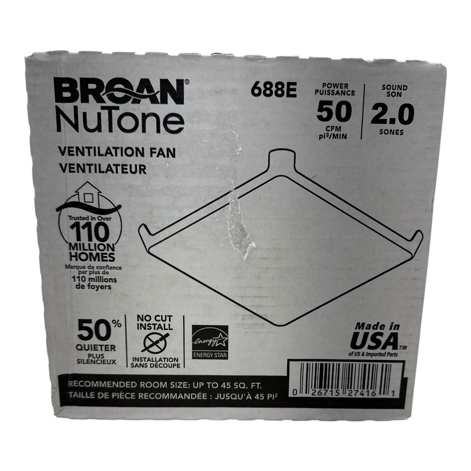Broan NuTone 50 CFM Bathroom Exhaust Fan 2.0 Sones Energy Star 688E New Broan NuTone 50 CFM Bathroom Exhaust Fan 2.0 Sones Energy Star 688E New