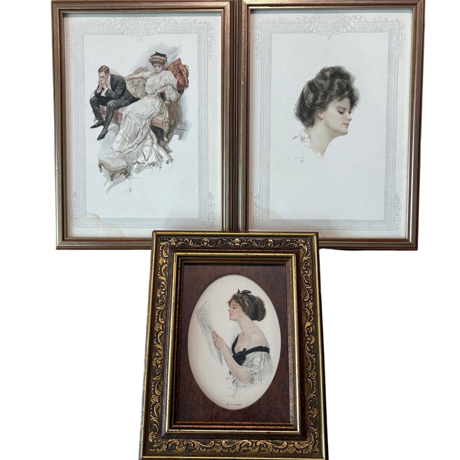 Lot of 3 Antique Harrison Fisher Prints 1908 1909 Framed Edwardian Art Nouveau