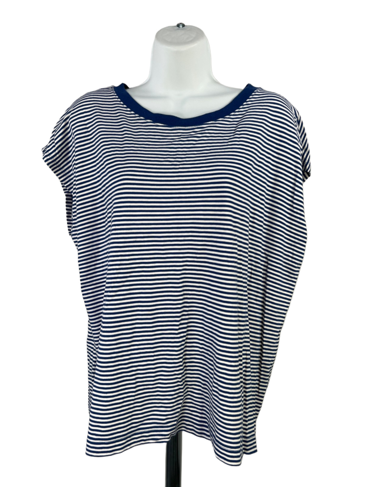 LOFT Women\'s Blue/White Striped Cap Sleeve Crewneck T-Shirt - M