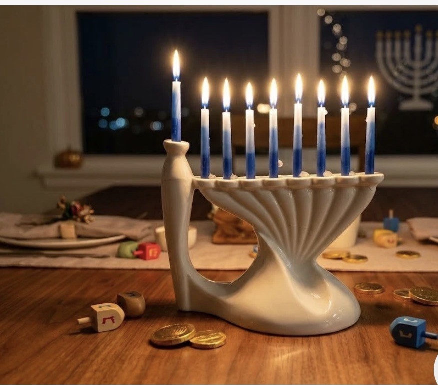 Vintage Naaman Israel Ceramic Menorah MCM Fan Shape White Porcelain Judaica Mark