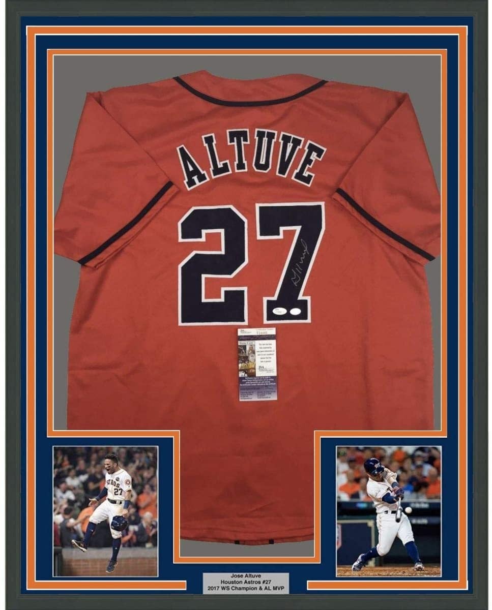 Framed Autographed/Signed Jose Altuve 35x39 Houston Orange Jersey JSA COA Framed Autographed/Signed Jose Altuve 35x39 Houston Orange Jersey JSA COA