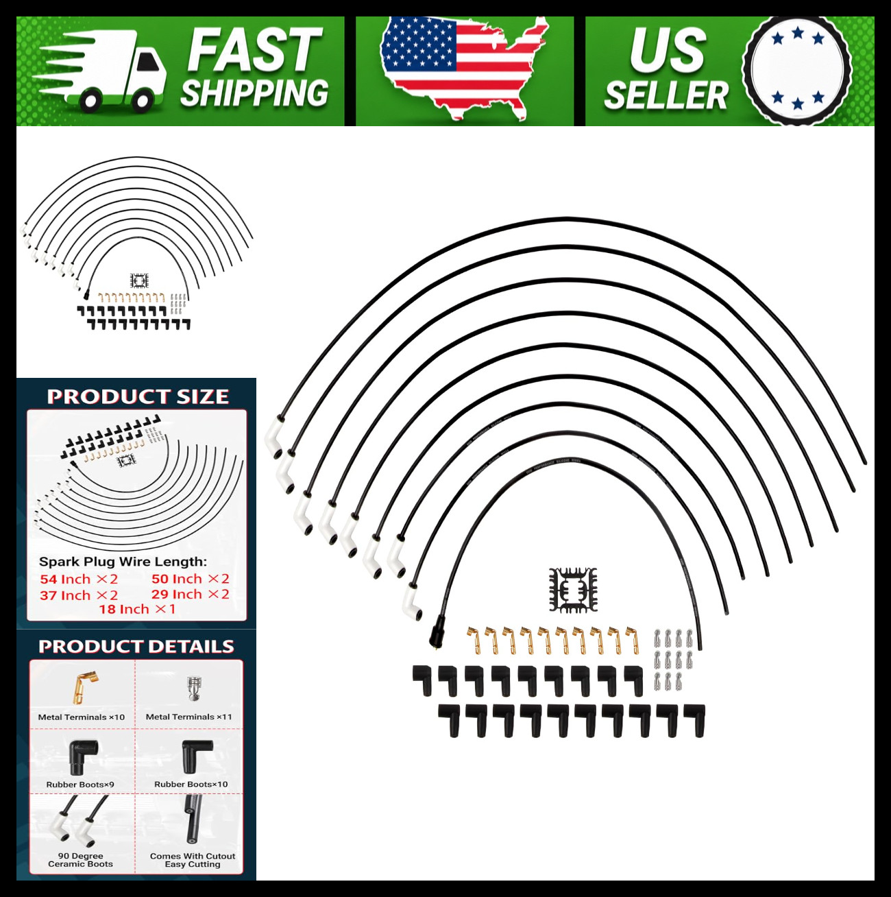 Universal 8mm Spark Plug Wire Set, 90° White Ceramic Boots