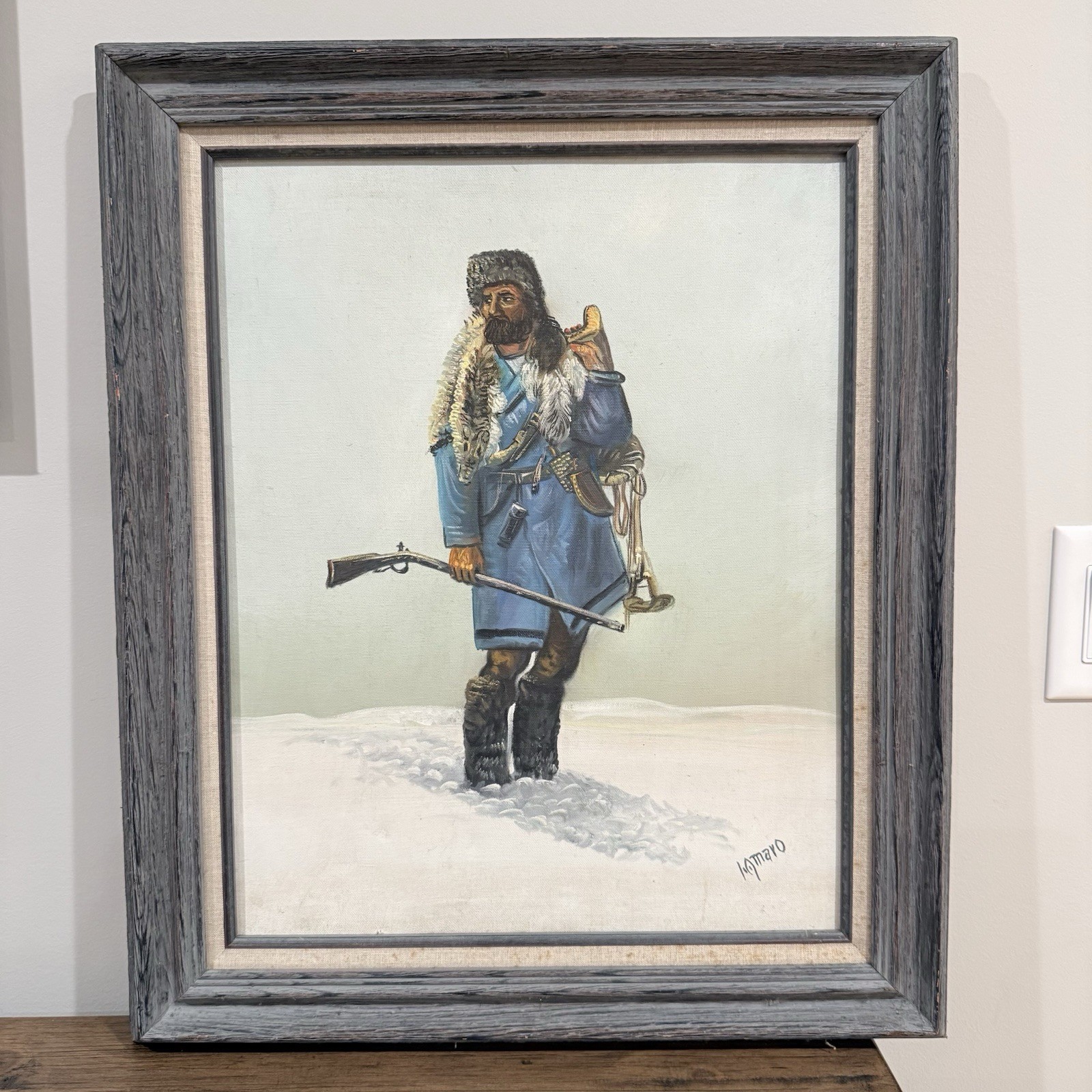 Vintage Oil Painting Mountain Man Trapper Signed I.Q. Maro Framed