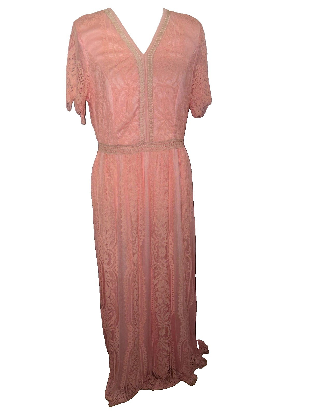 MEROKEETY Pink Lace Floral V-Neck Short Sleeve Maxi Dress Zip Back Size L