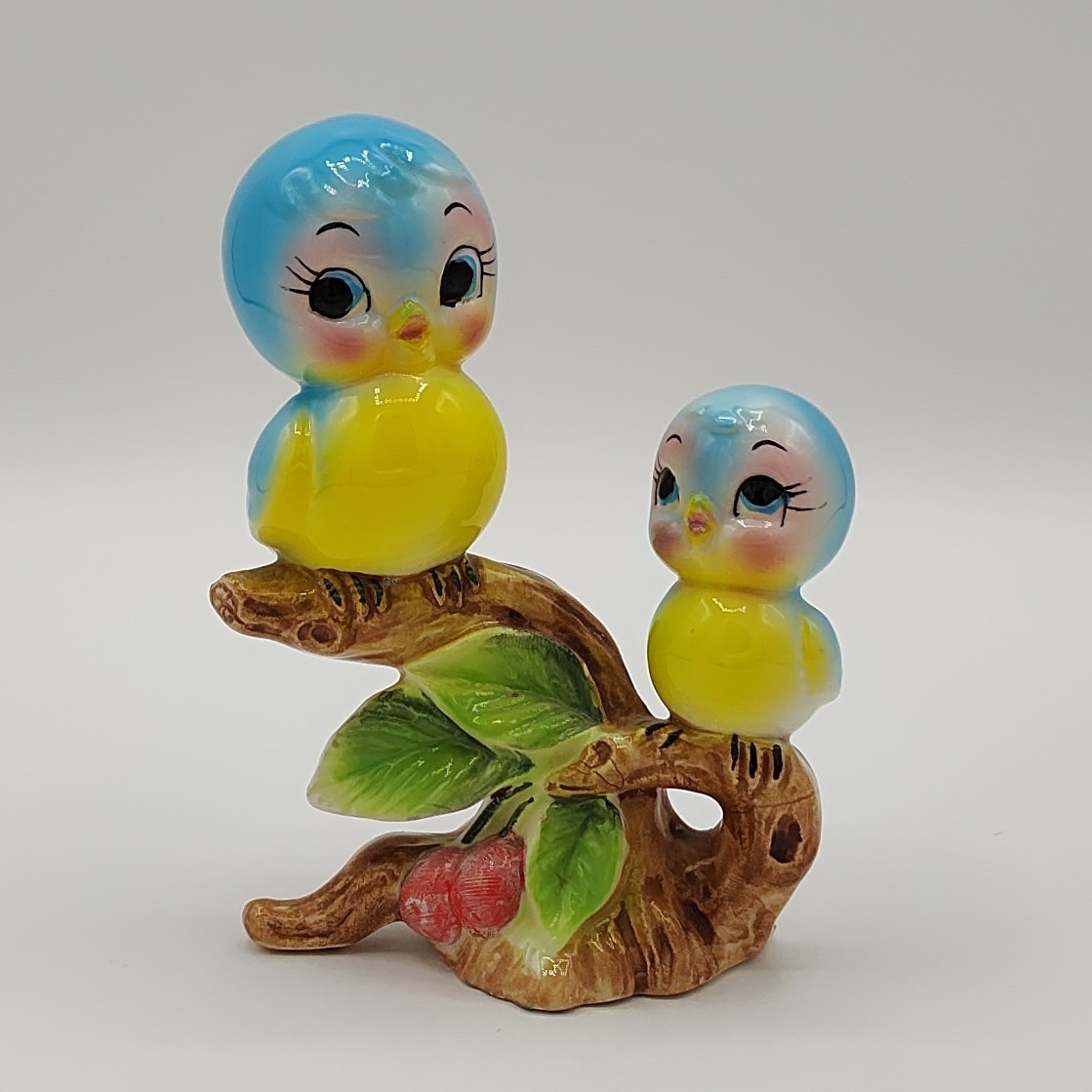Vtg Anthropomorphic Bluebirds Ceramic Figurine Two Birds on Cherry Branch Vtg Anthropomorphic Bluebirds Ceramic Figurine Two Birds on Cherry Branch