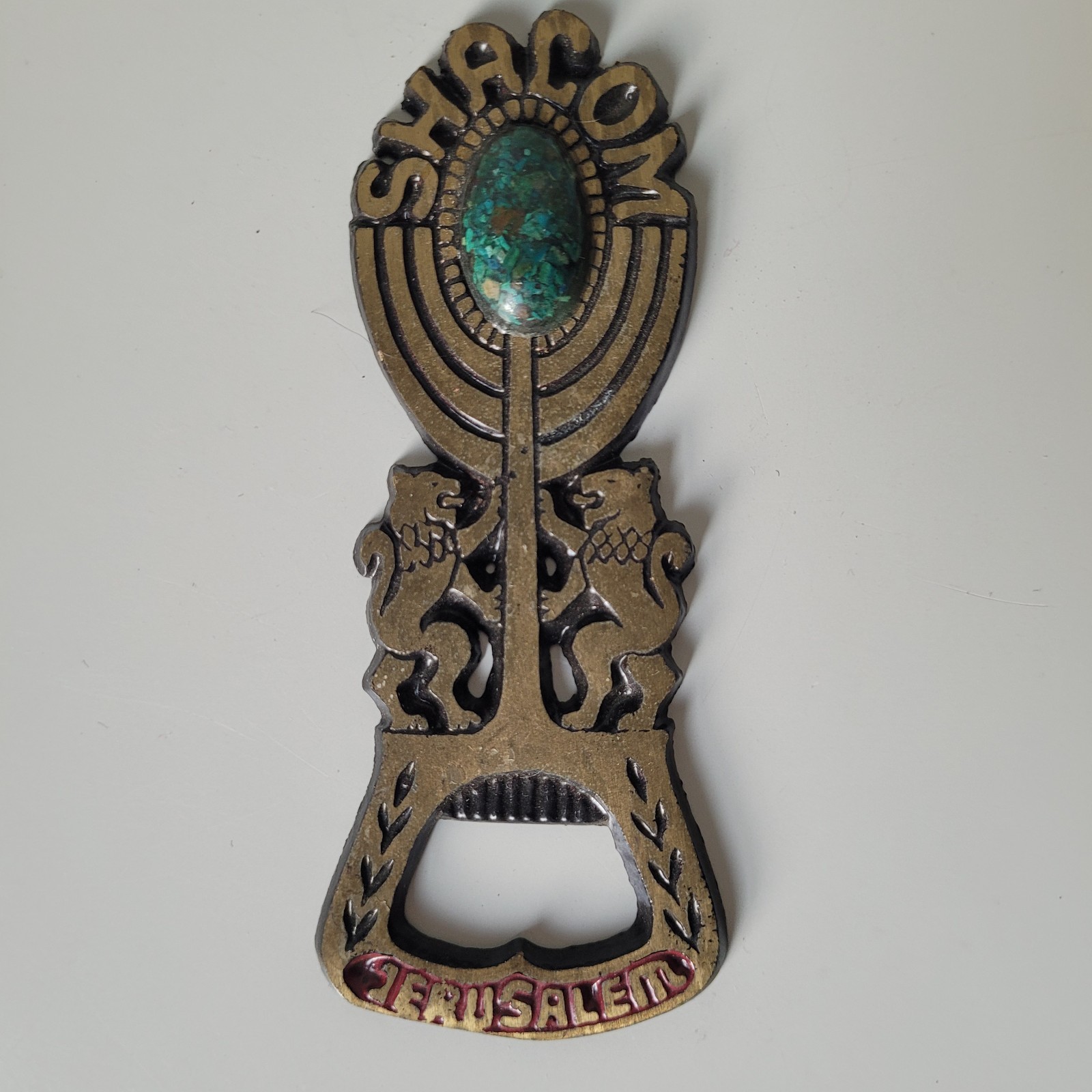 Vintage Brass Jerusalem Shalom Bottle Opener Menorah & Eilat Style Stone