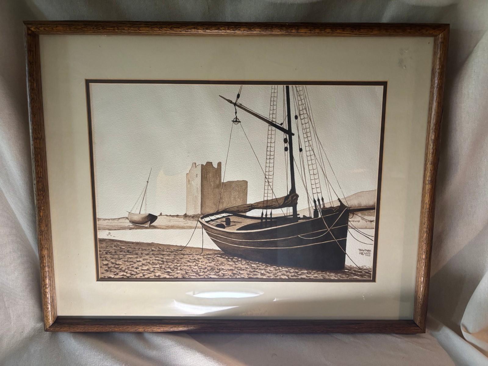Milo Duke Original Watercolor Painting Beached Sailboat Castle Hand Signed Frame