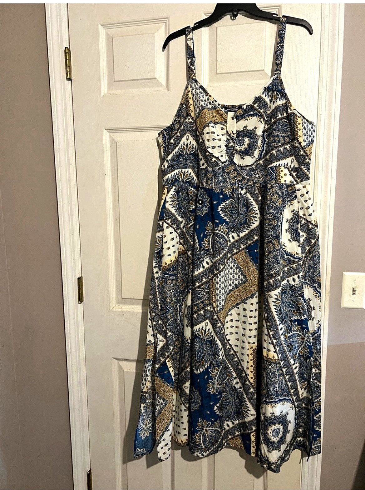 BLOOMCHIC Women’s Plus 3XL Blue White Brown Paisley V-Neck Sundress BLOOMCHIC Women’s Plus 3XL Blue White Brown Paisley V-Neck Sundress