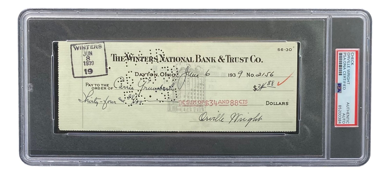 Orville Wright Signed Slabbed Bank Check PSA/DNA 85200384