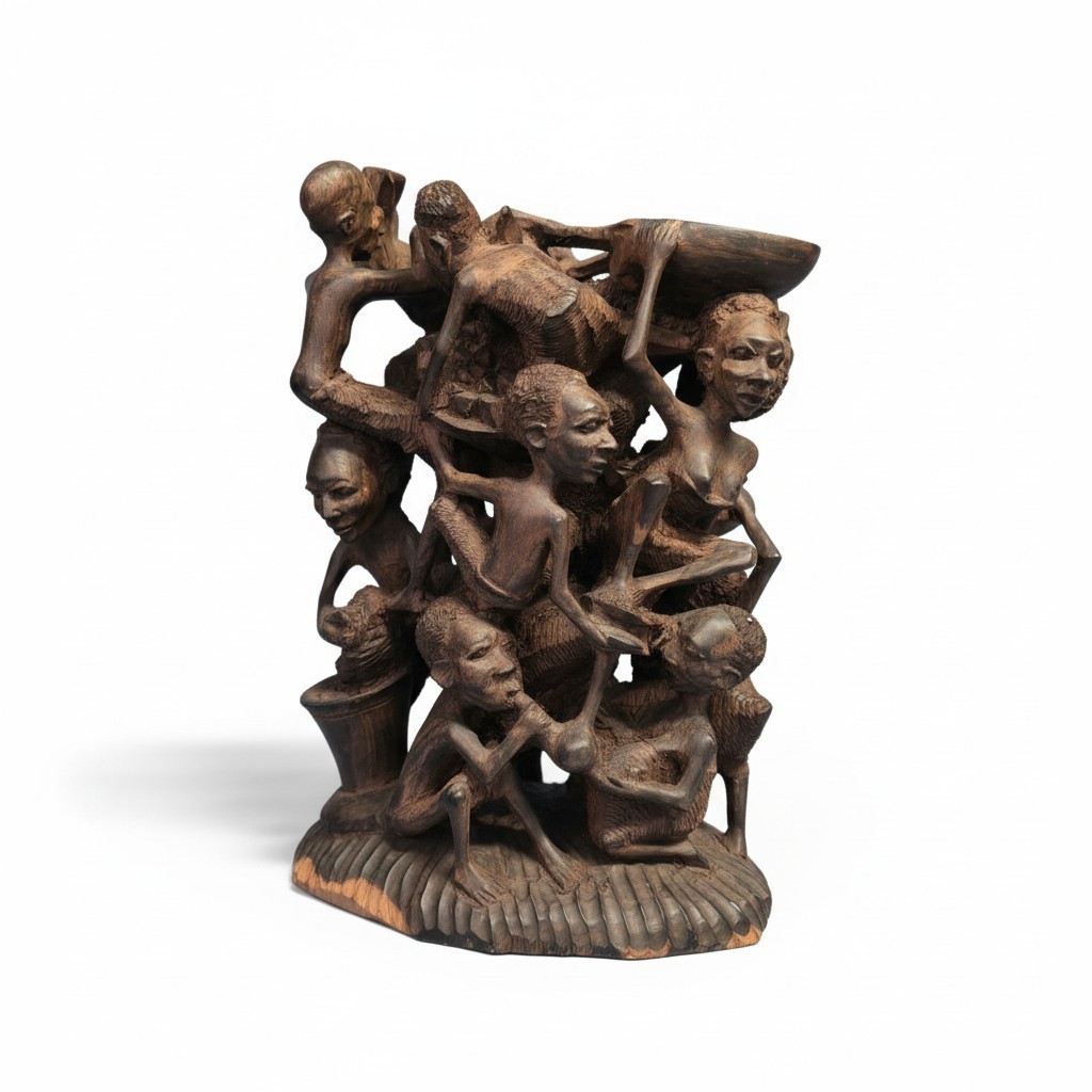Makonde Tree of Life. Hand Carved Solid Ebony, 30cm - Africa - Vintage