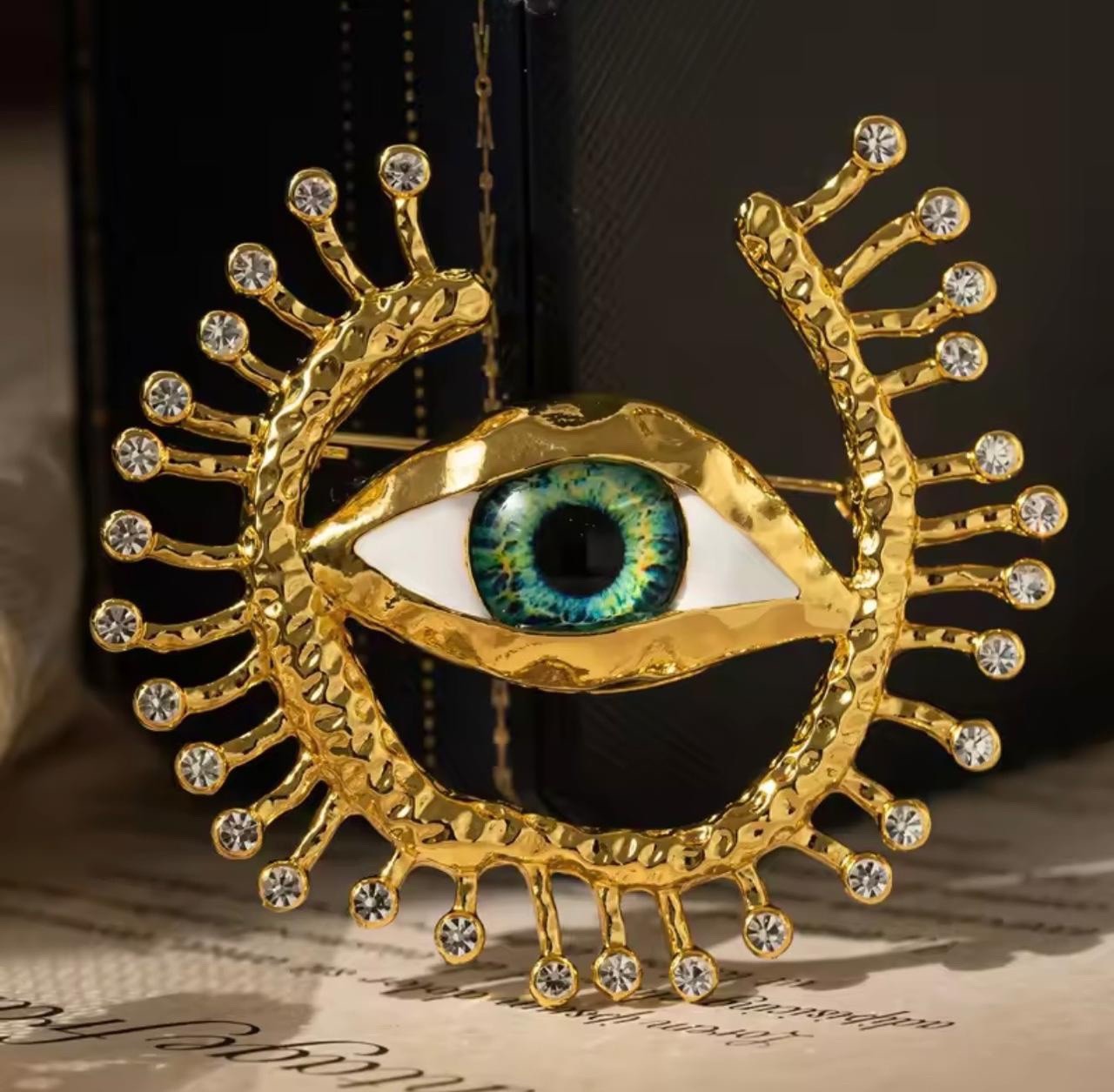 Schiaparelli Inspired Evil Eye Brooch Surrealist Hammered Gold With Rhinestones