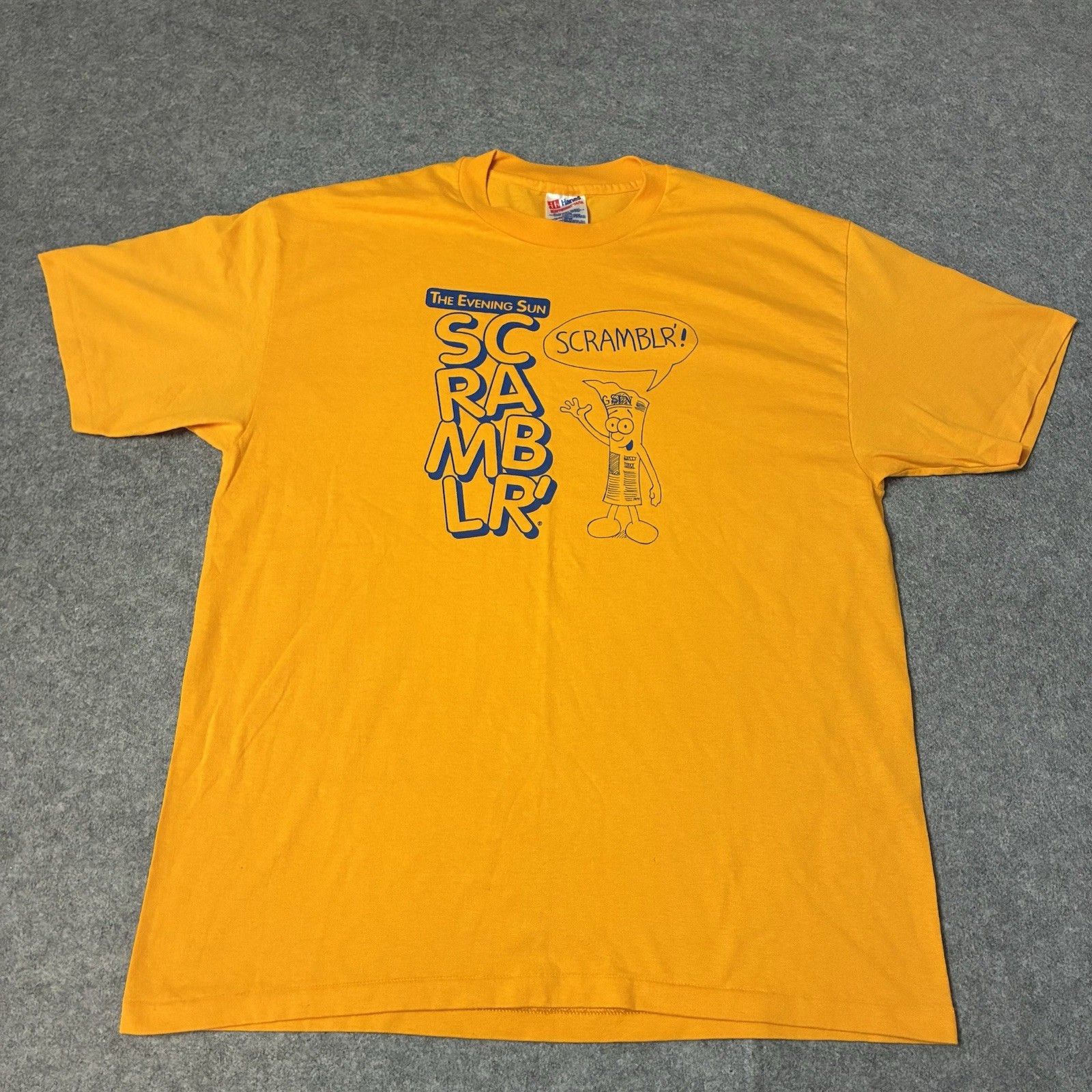 Vtg 90s The Evening Sun Scramblr T-Shirt Mens XL Yellow Newspaper Mascot Promo Vtg 90s The Evening Sun Scramblr T-Shirt Mens XL Yellow Newspaper Mascot Promo