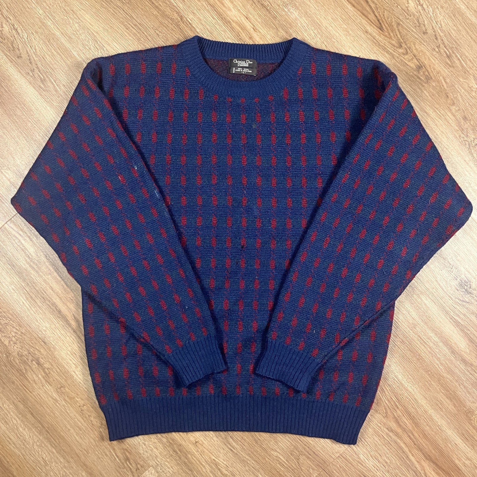 Christian Dior Monsieur Maroon Blue & Green 1990s Wool Pattern Sweater Large Christian Dior Monsieur Maroon Blue & Green 1990s Wool Pattern Sweater Large