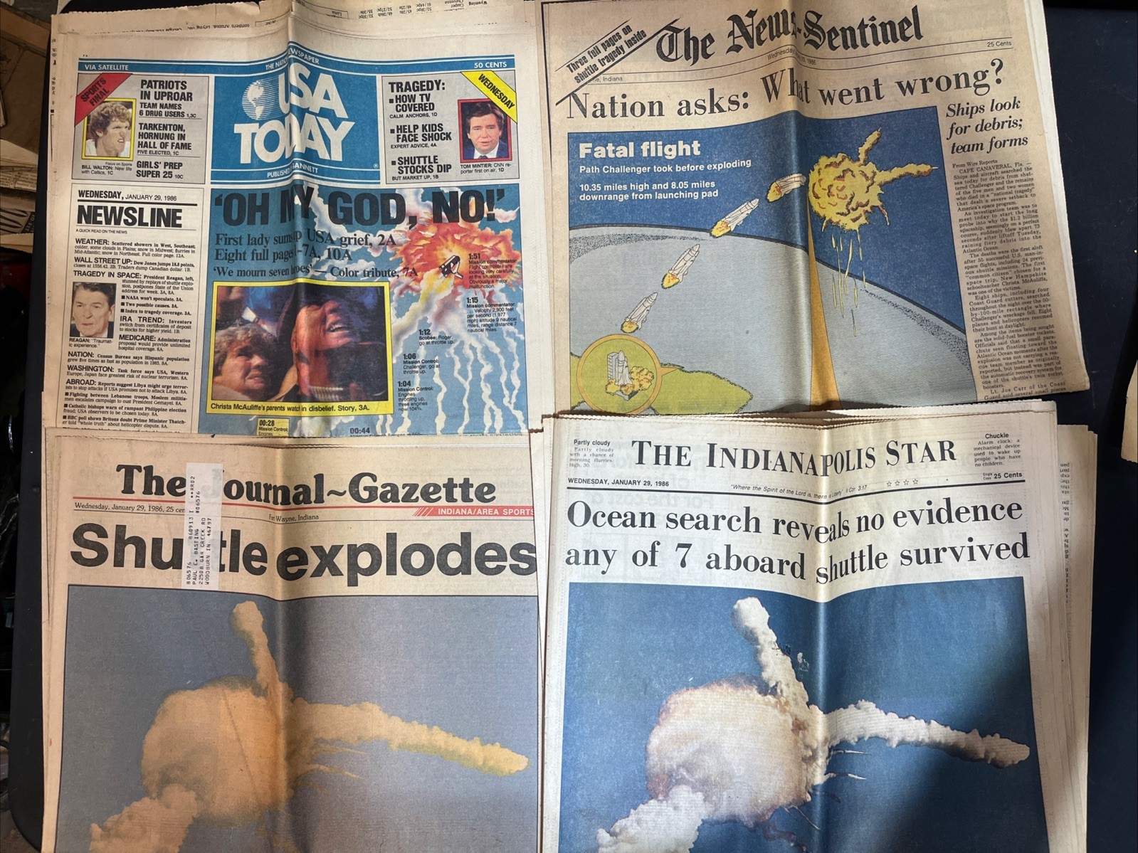 Challenger Explosion Newspaper Lot Of 4, USA Today, Indianapolis Star, Journal,