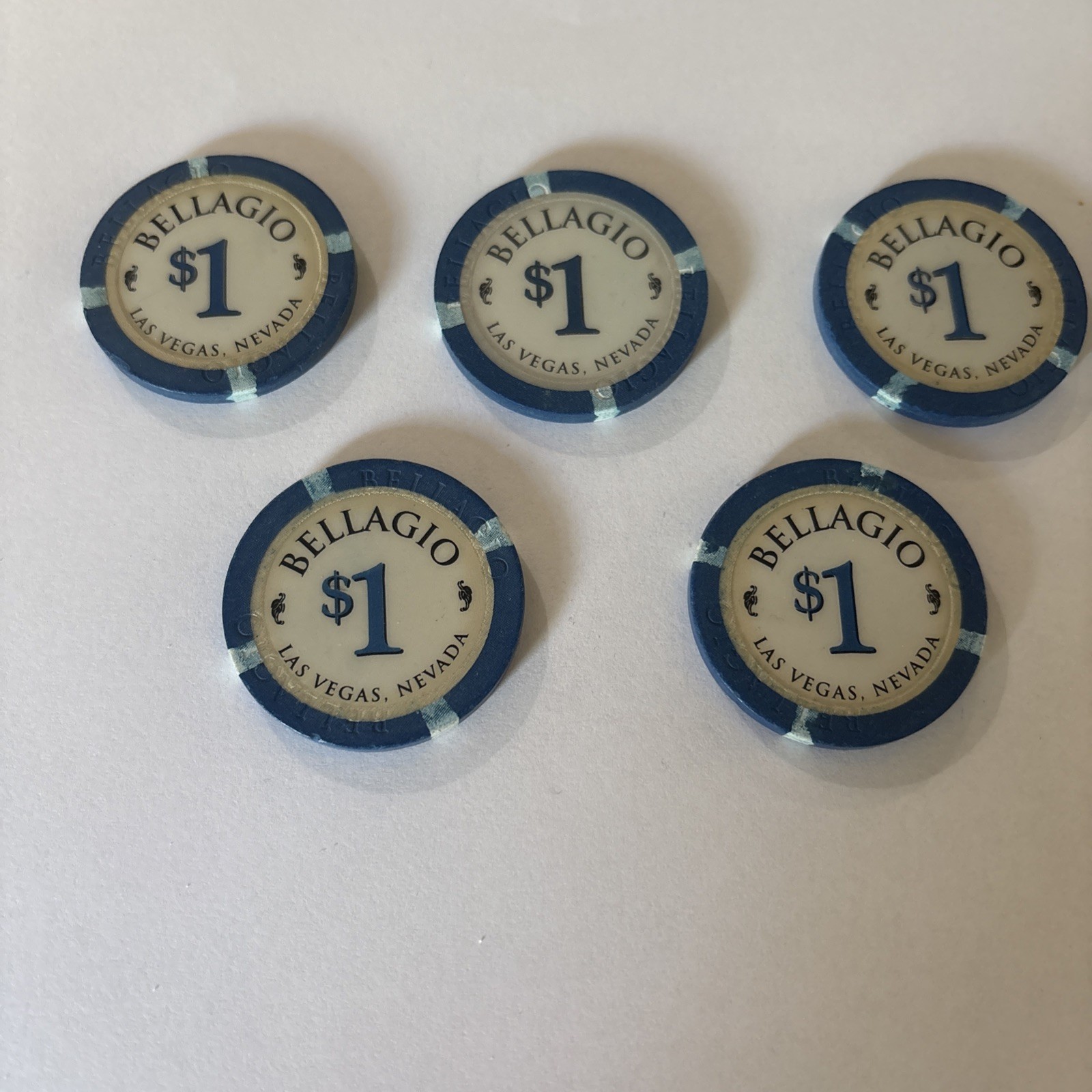 Five (5) BELLAGIO HOTEL CASINO $1 casino poker chip - Las Vegas, NV Five (5) BELLAGIO HOTEL CASINO $1 casino poker chip - Las Vegas, NV