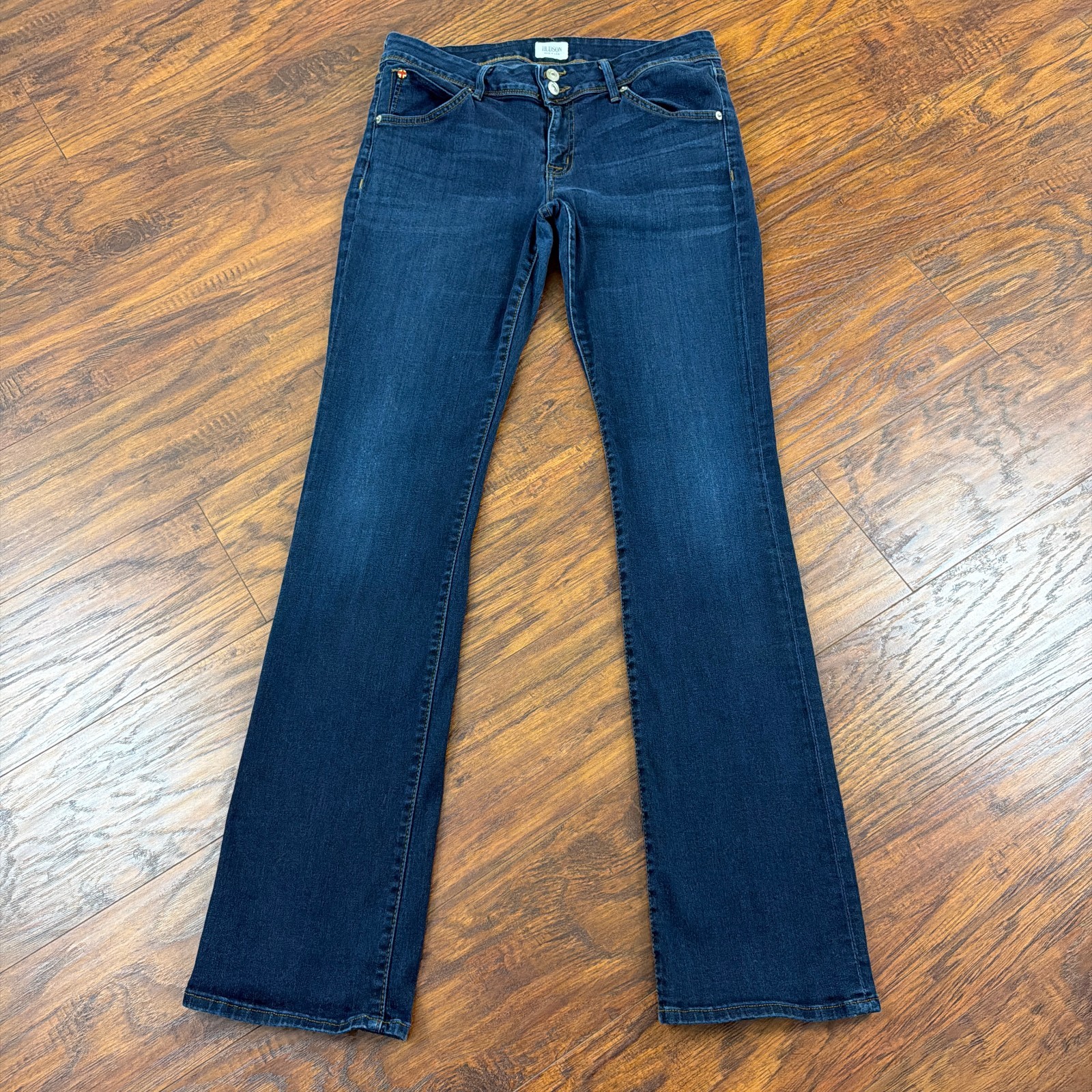 Hudson Jeans Womens 31 Boot Cut Mid Rise Stretch Dark Denim Flap Beth Baby 30x33