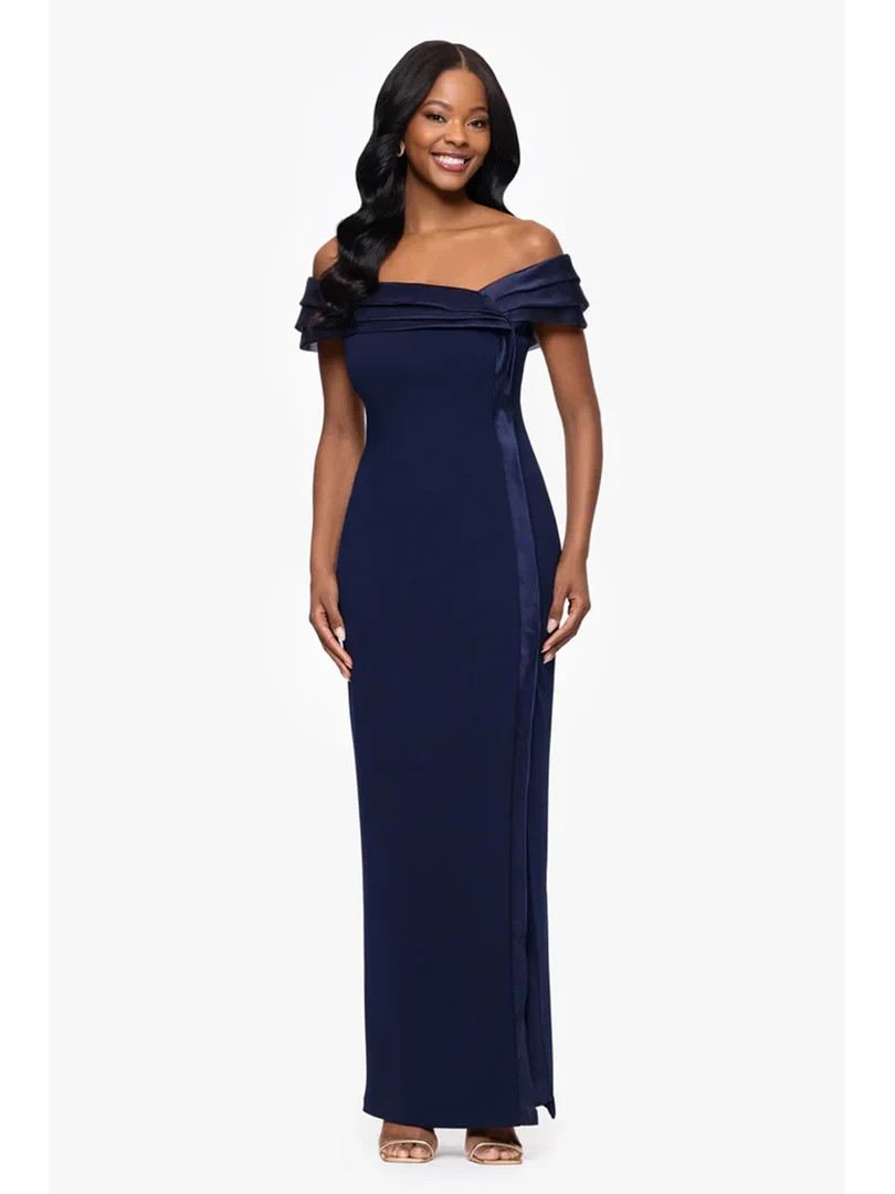 Betsy And Adam Navy Blue Off-The-Shoulder Organza Crepe Dress Size 10 $268 Betsy And Adam Navy Blue Off-The-Shoulder Organza Crepe Dress Size 10 $268