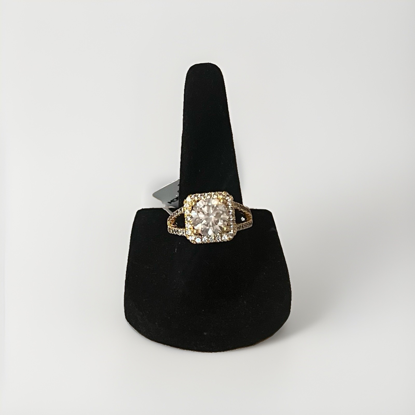 Gold Plated Moissanite Halo Cocktail Ring, Cushion White/Colorless, Adjustable