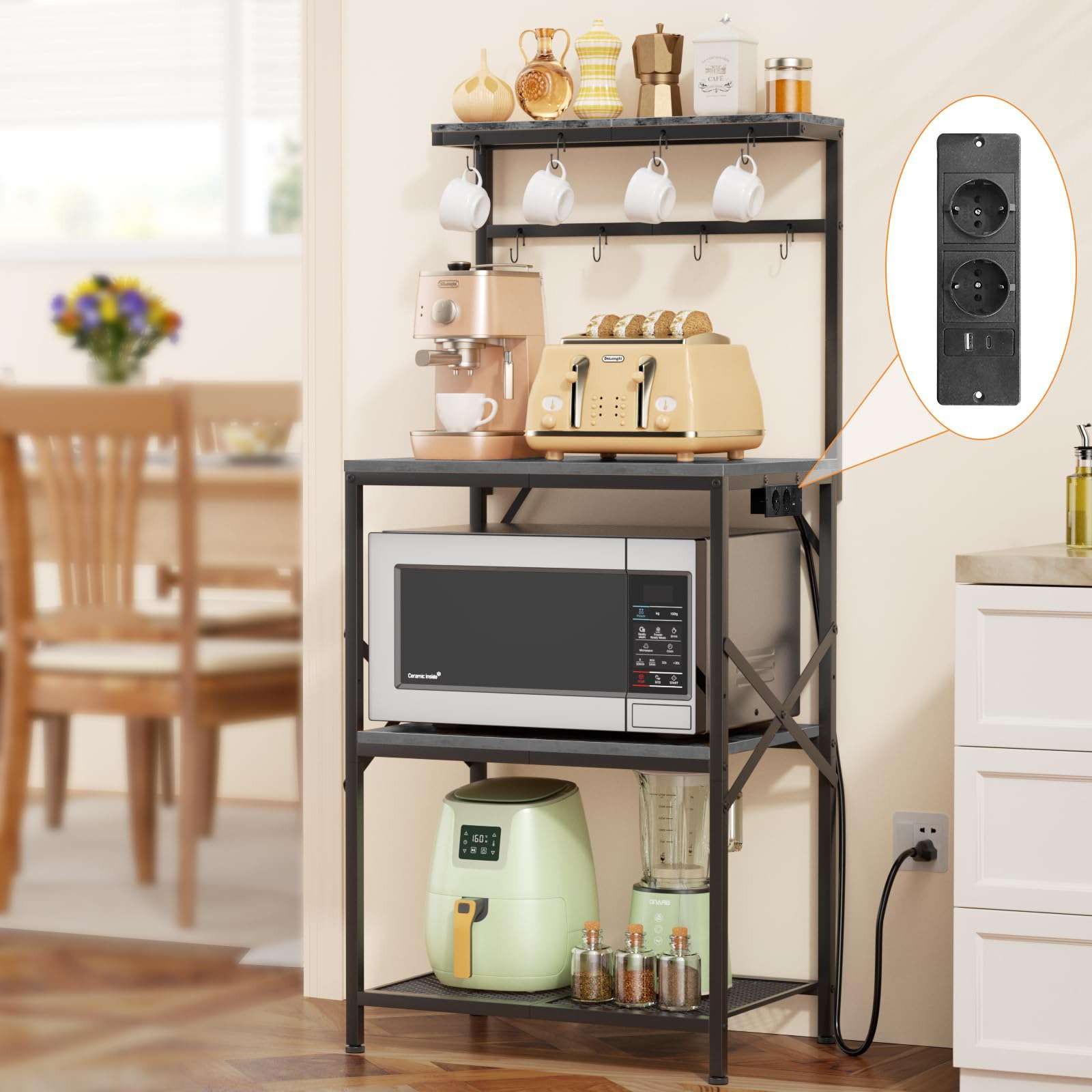 Bakers Rack with Power Outlet, Kitchen Shelves Microwave Stand with Wire Grid an Bakers Rack with Power Outlet, Kitchen Shelves Microwave Stand with Wire Grid an