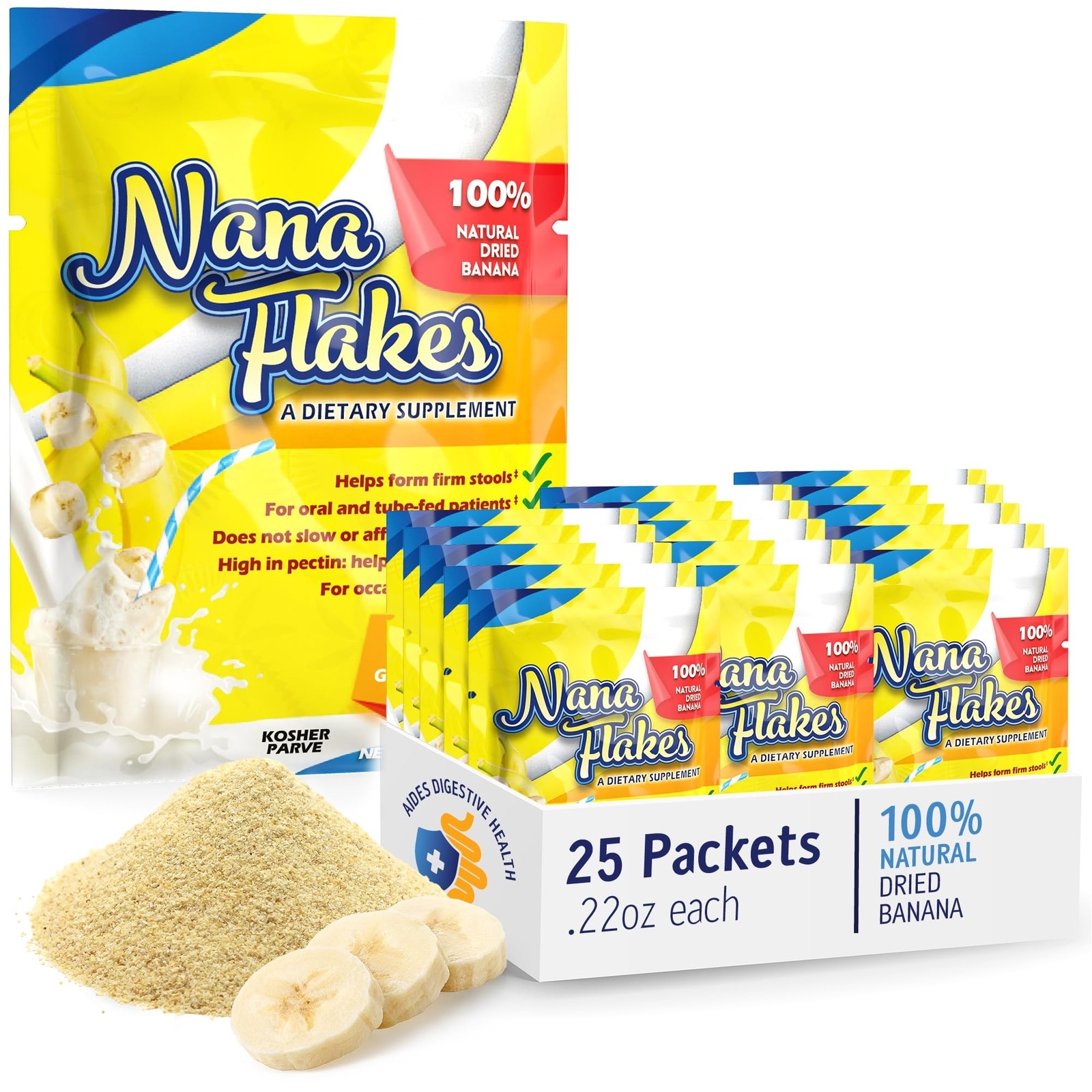 Nana Flakes 100% Pure Dried Banana No Sugar Single Serve 22 Oz 25 Packets
