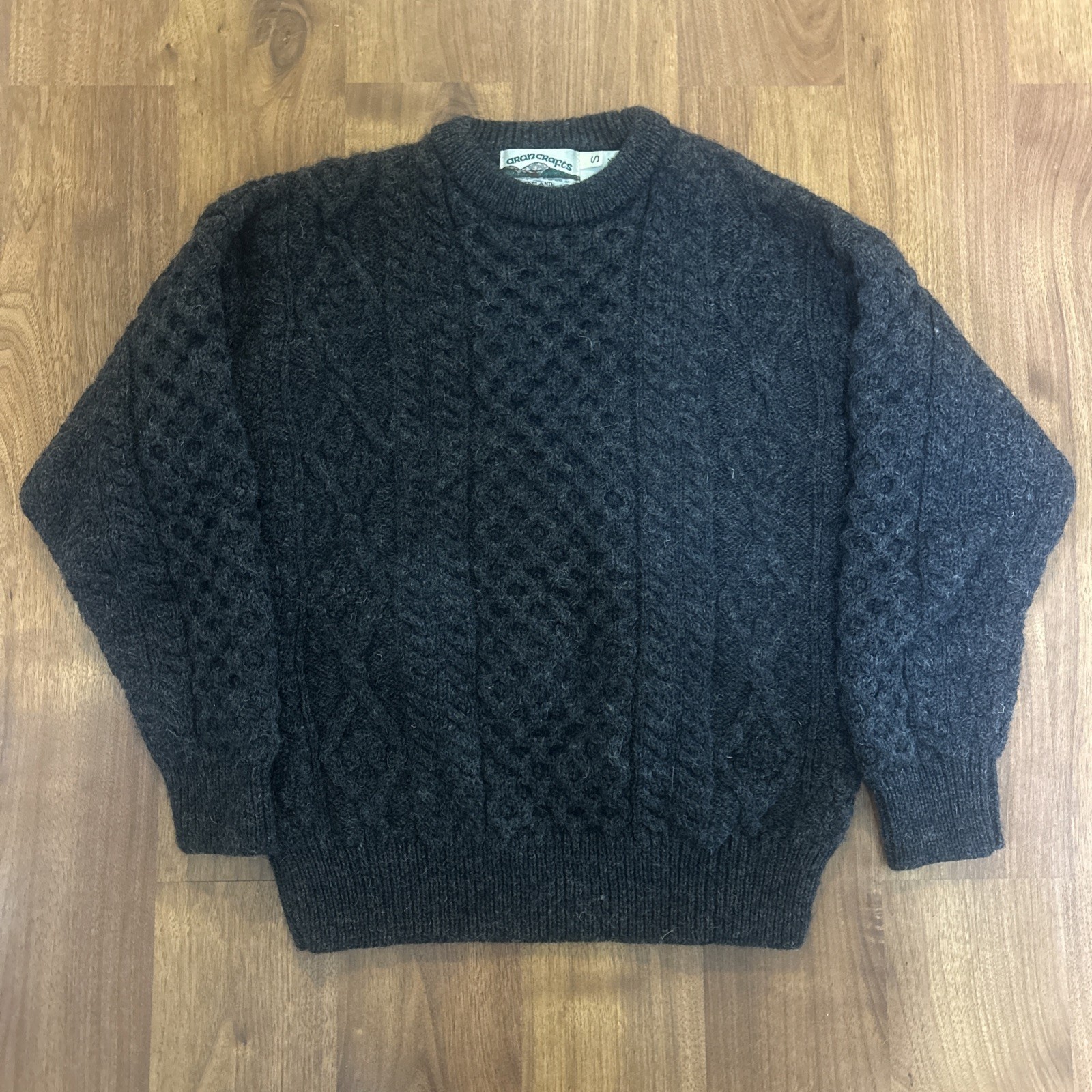 Vintage Sweater Aran Crafts Irish Fisherman Knit Black Chunky Wool Ireland Small