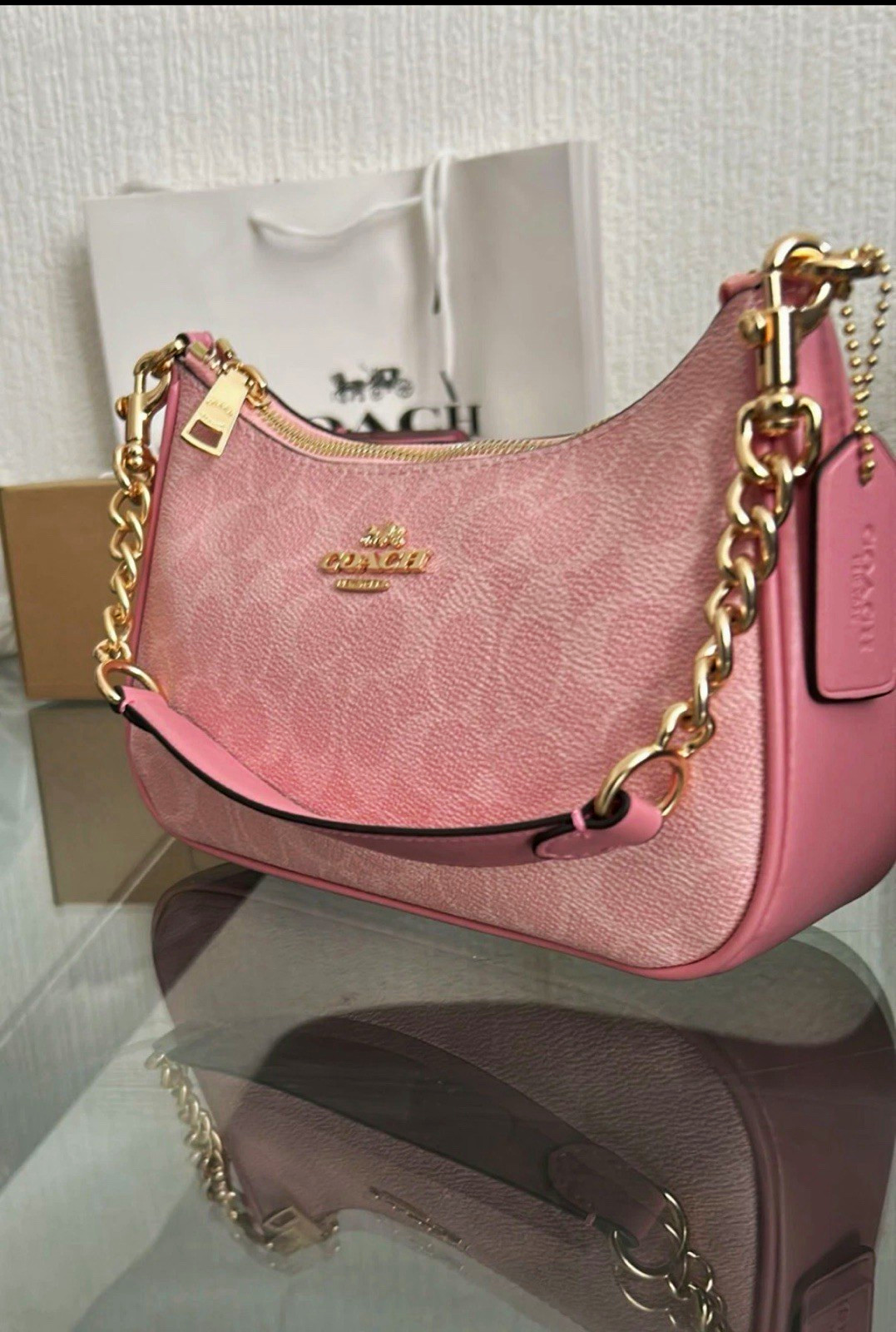 Coach Pink Signature Teri Crescent Shoulder Bag Zip Gold Chain Detachable Strap Coach Pink Signature Teri Crescent Shoulder Bag Zip Gold Chain Detachable Strap