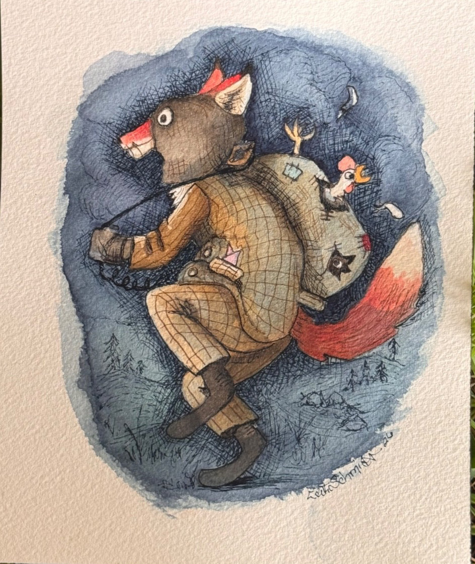 OOAK Origional watercolor Fox robbing a Chicken coop  by artist Edith Schmidt