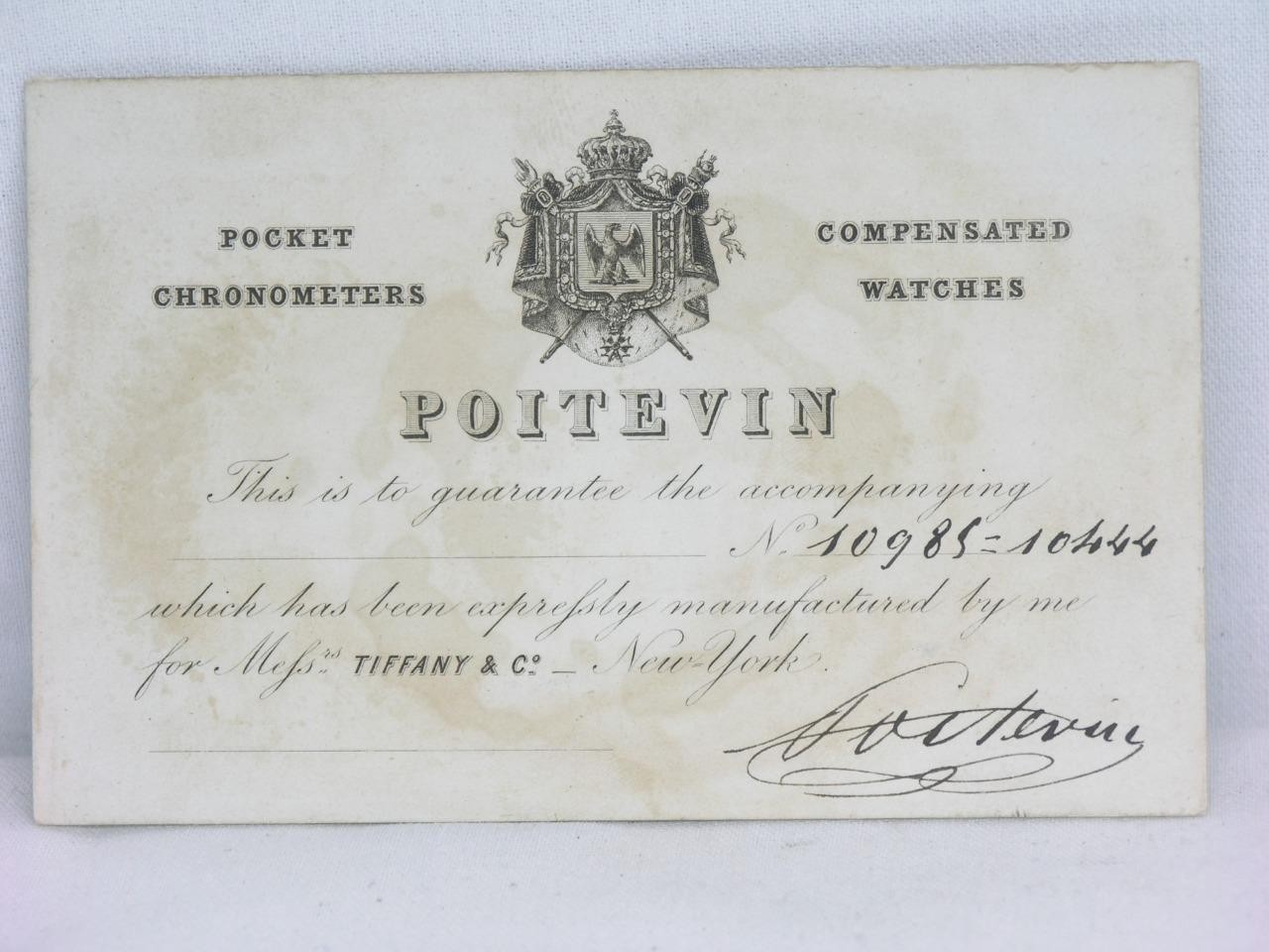 ANTIQUE 1850\'S TIFFANY / POITEVIN POCKET WATCH CERTIFICATION CARD / TIME TABLE