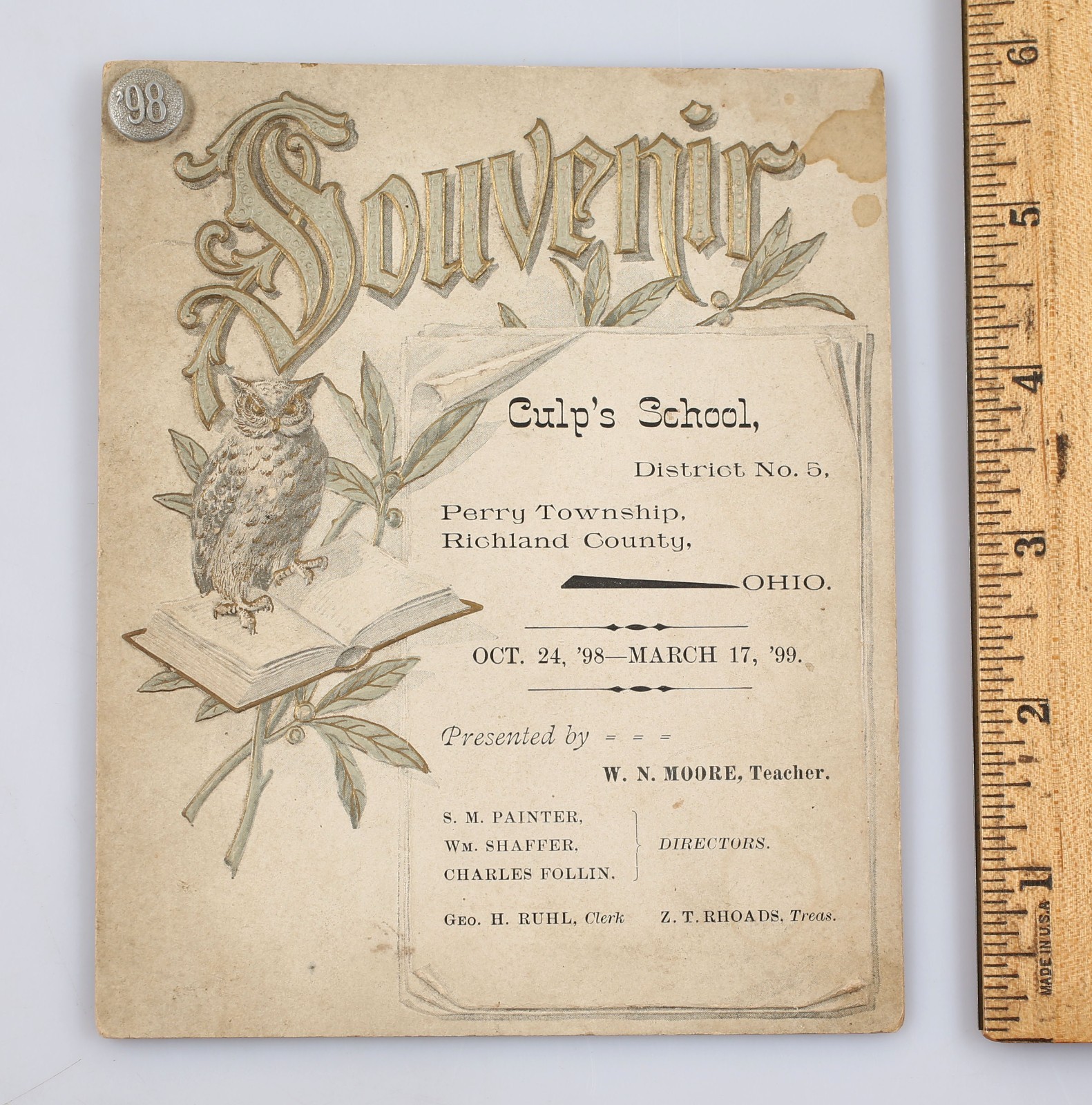 Antique 1898-99 Culp's School Student Souvenir Richland County Ohio