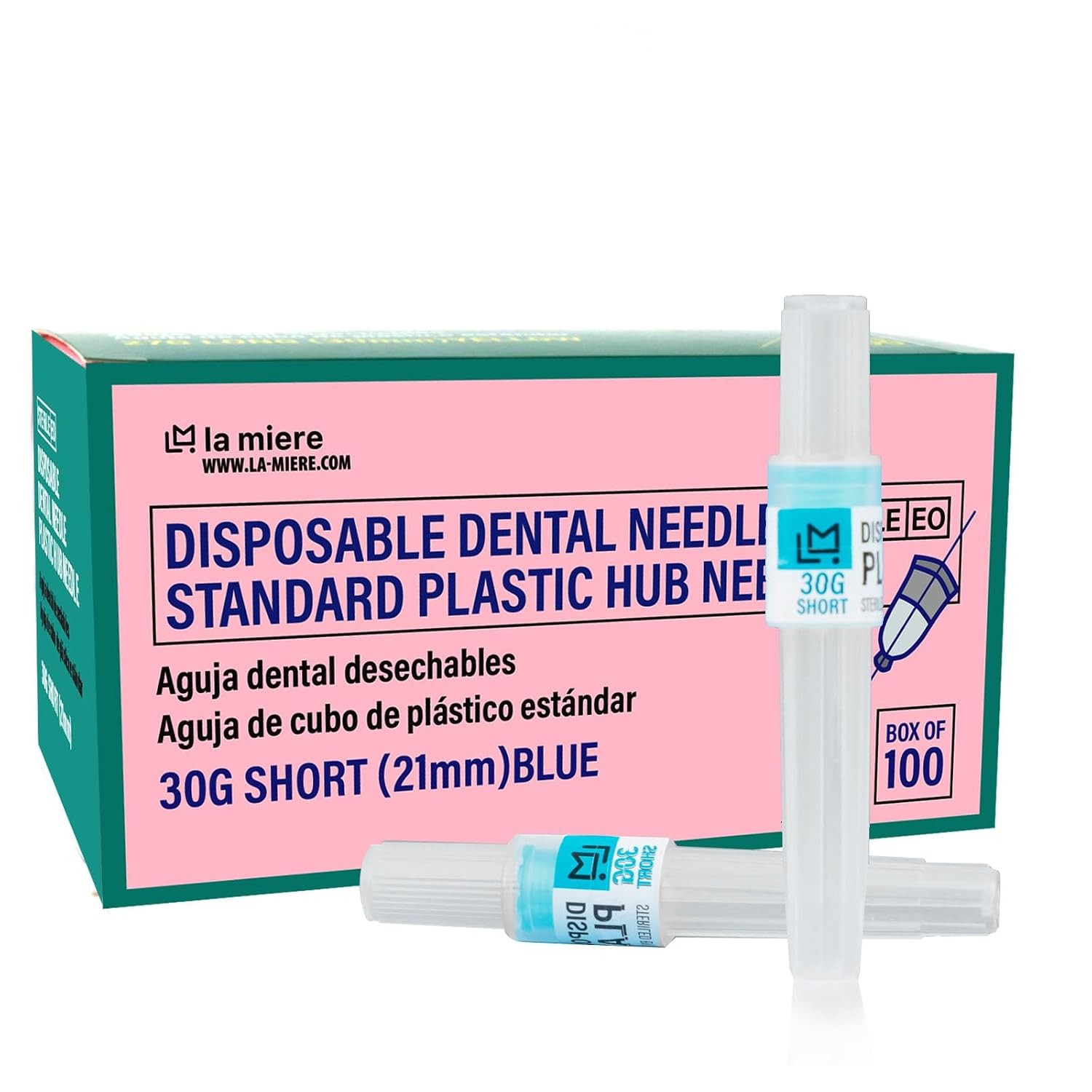 LA MIERE 100P Disposable Premium Dental Plastic Hub Needles in Perforated Box 30