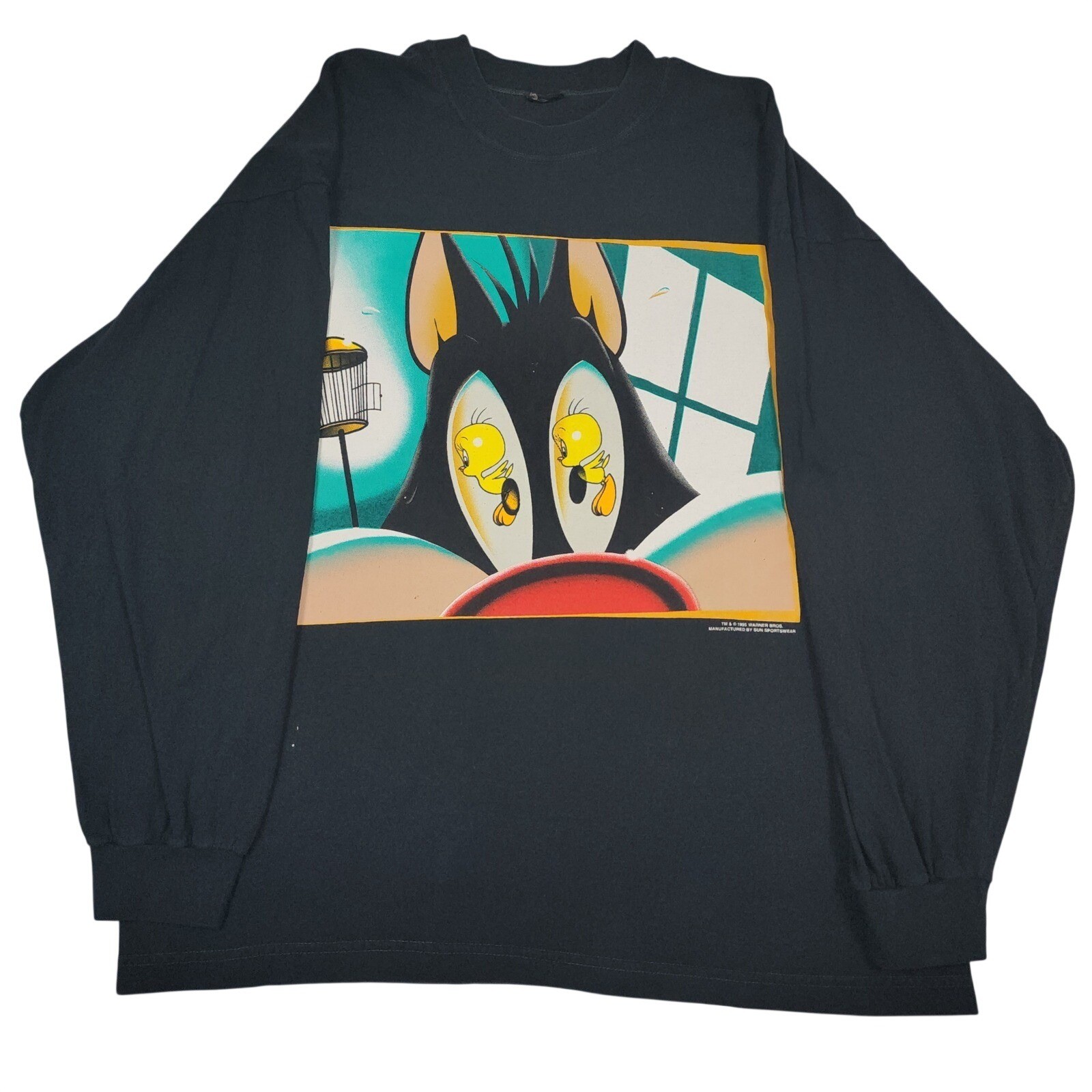Vintage 1995 Looney Tunes Shirt Mens XL Black Sylvester Tweety Warner Bros