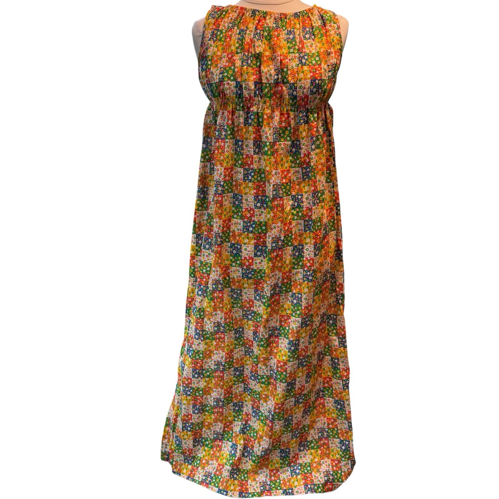 VTG 70\'s Maxi Dress SZ Medium Floral Patchwork Prairie Western Sleeveless Empire