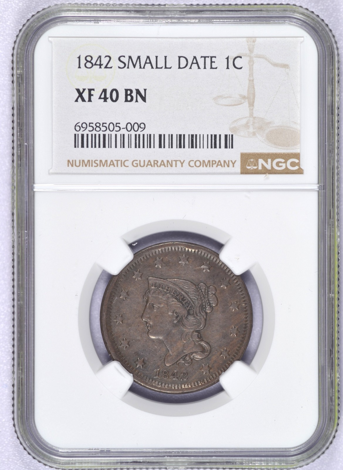 1842 BRAIDED HAIR LARGE CENT NGC XF40 SMALL DATE FRESH ORIGINAL