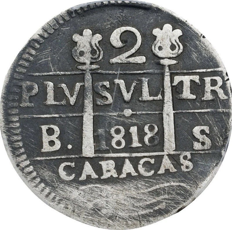 VENEZUELA 1818 AD Caracas Colonial 2R Real Spanish Cob SILVER Spain Coin PCGS VF