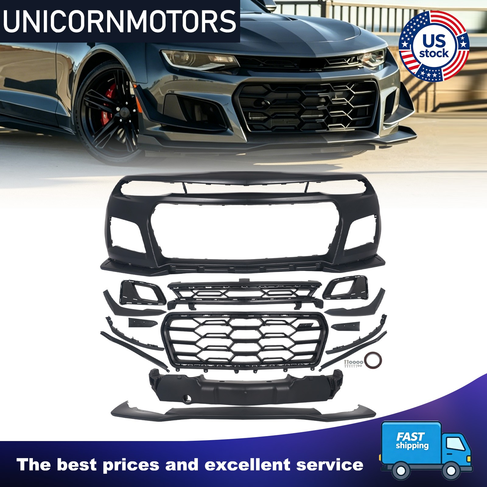 Black Front Bumper Cover Complete For 2019-2023 Chevy Chevrolet Camaro 1LE style