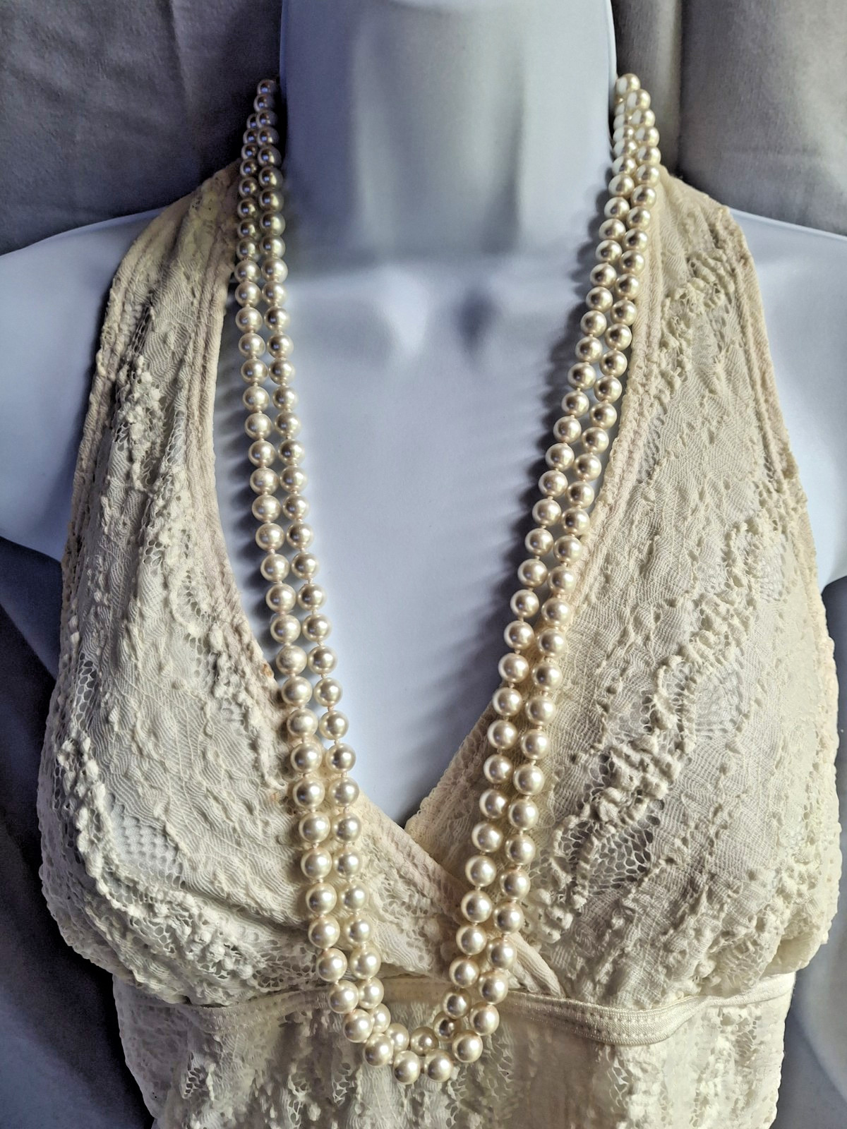 Vintage Long Faux Pearl Necklace Hand Knotted Ivory Cream 60\
