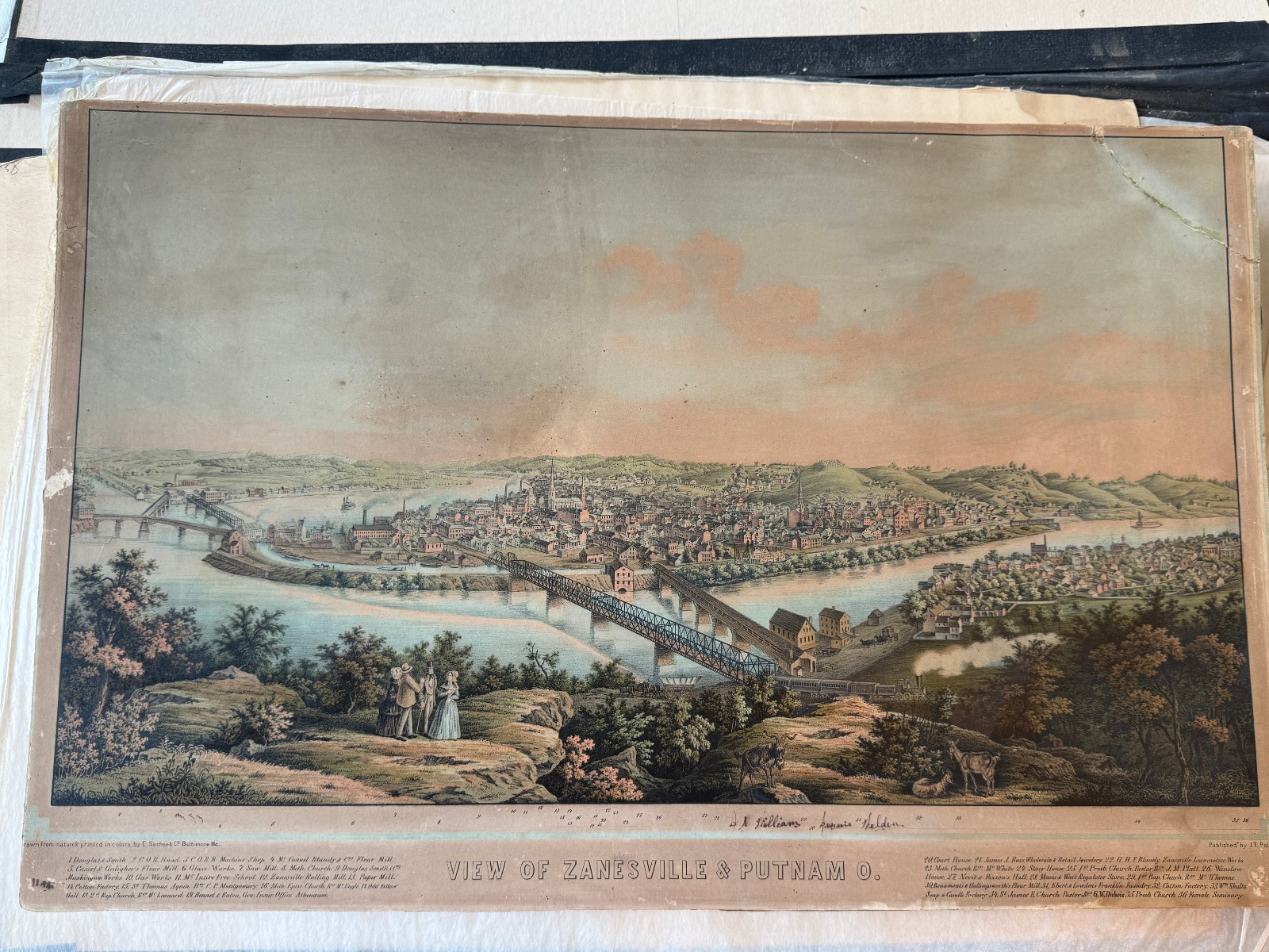 1850s Sachse Palmatary View of Zanesville & Putnam Ohio Birds Eye Lithograph