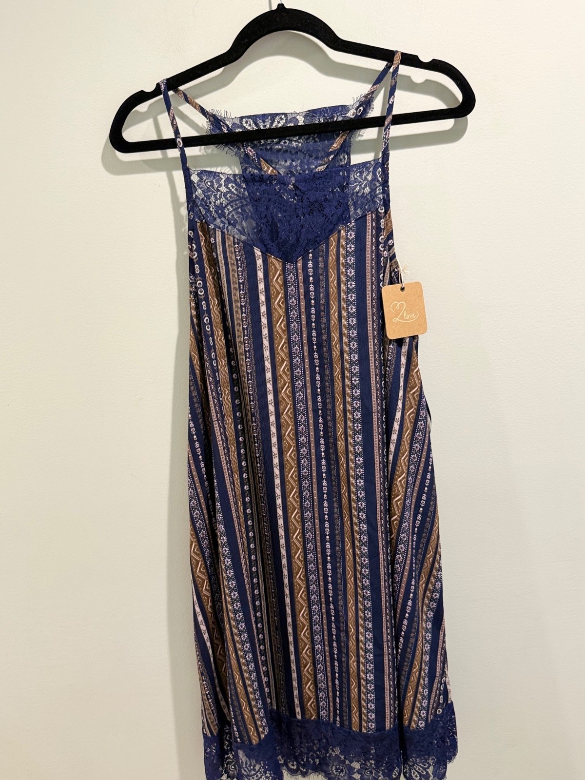 M2Love Boho Striped Lace Yoke Mini Shift Dress Size Medium NWT